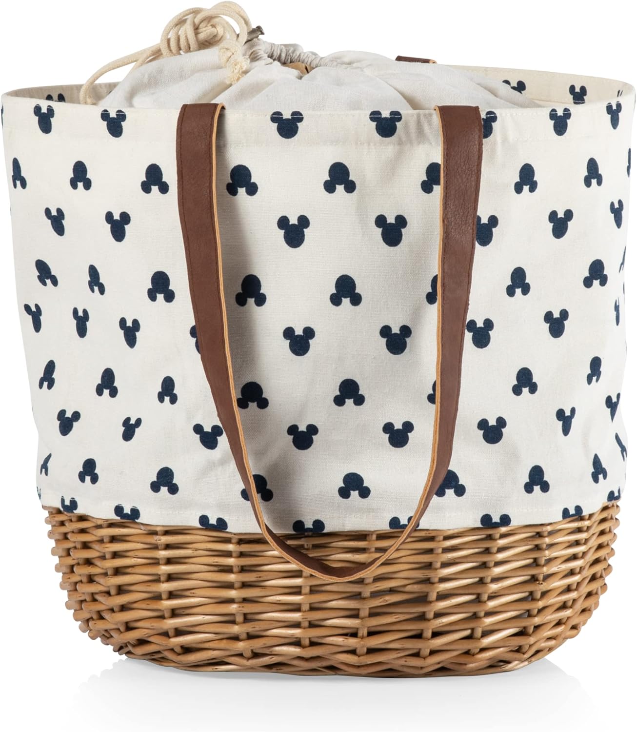 PICNIC TIME - Disney Classic Mickey Silhouette Coronado Canvas and Willow Basket Tote - Picnic Basket Tote Bag - Beach Tote, (Cream with Navy Blue Pattern)