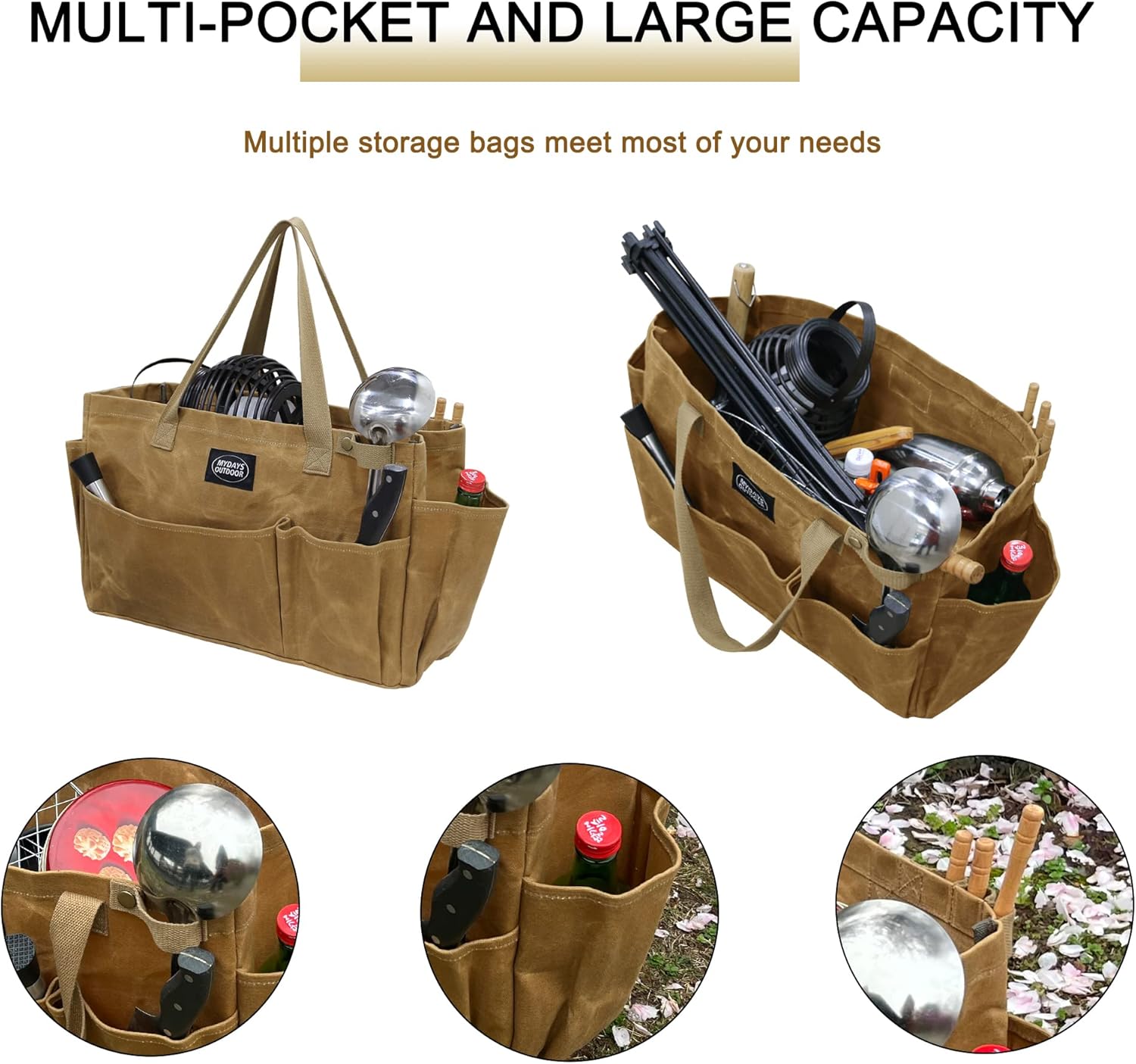 Portable Garden Camping Tool Storage Bag,Waxed Canvas Firewood Carrier Tote bag,Collapsible Sturdy Garden Basket Great for Women, Gardener, Electrician, Repairer (Khaki)