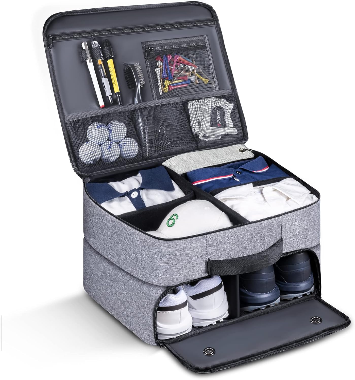 Golf Trunk Organizer 2 Layer, Car Golf Organizer with Ventilated Compartment for 2 Pair Shoes, Golf Trunk Storage Locker for Golf Accessories, Balls, Tees, Clothes, Gloves, Golf Gifts for Men