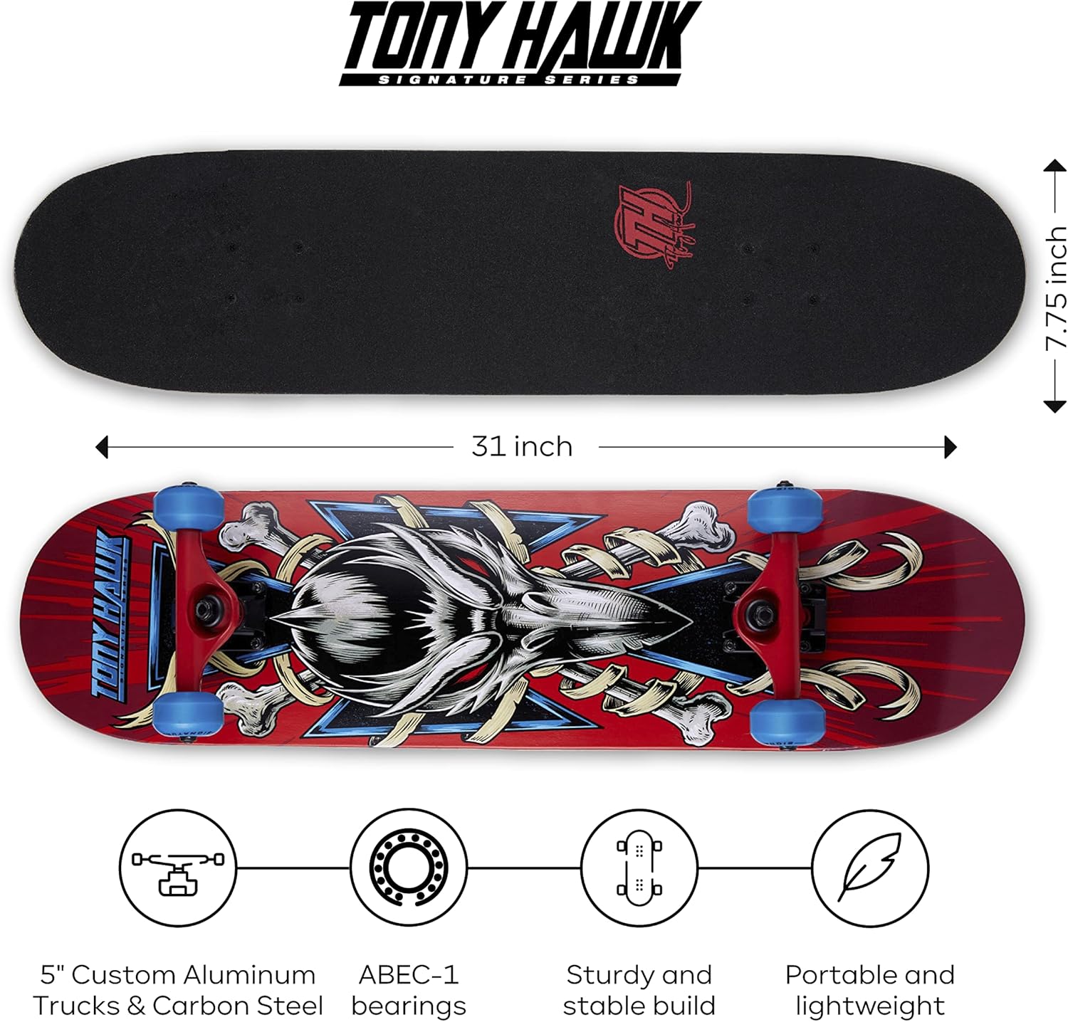 Tony Hawk 31 Inch Skateboard, Tony Hawk Signature Series 4, 9-Ply Maple Deck Skateboard for Cruising, Carving, Tricks and Downhill