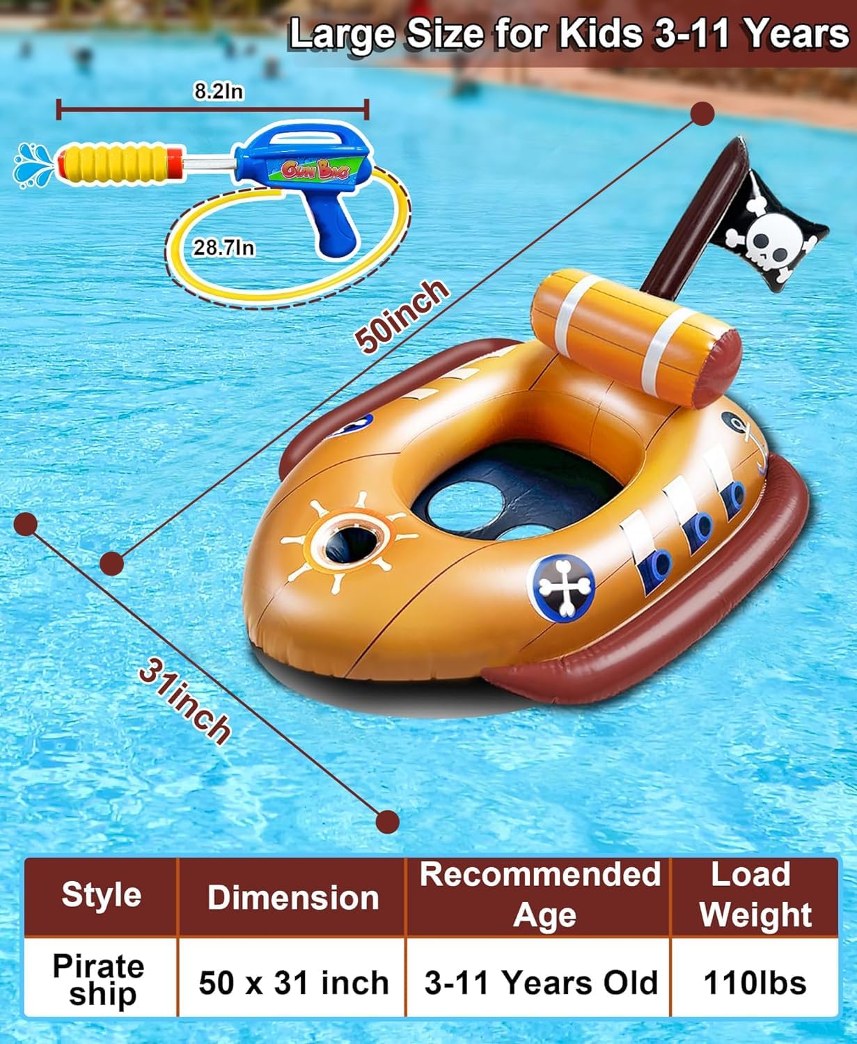 [Water Squirt Guns] Pirate Ship Pool Float for Kids 3-11 Years, Inflatable Battle Swimming Pool Toys Fun Ride-ons Floaties for Toddler Boys Girls Summer Outdoor Pool Party Gift Toys Games