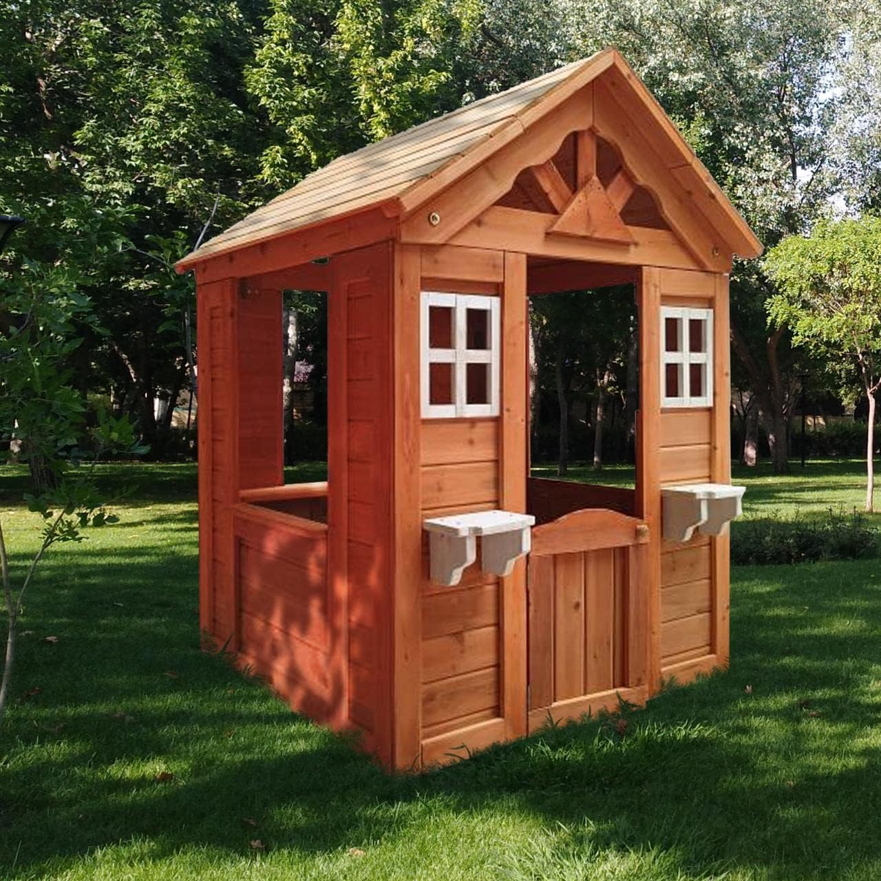 Wooden Playhouse for Age 3-6 Years Boy Girl, Outdoor Cottage Playhouse with Door, 2 Windows, 3 Serving Station, Shelf & Flowerpot Holder, Outdoor Garden Lawn Patio Yard Cottage for 3-6 Age Boy Girl.