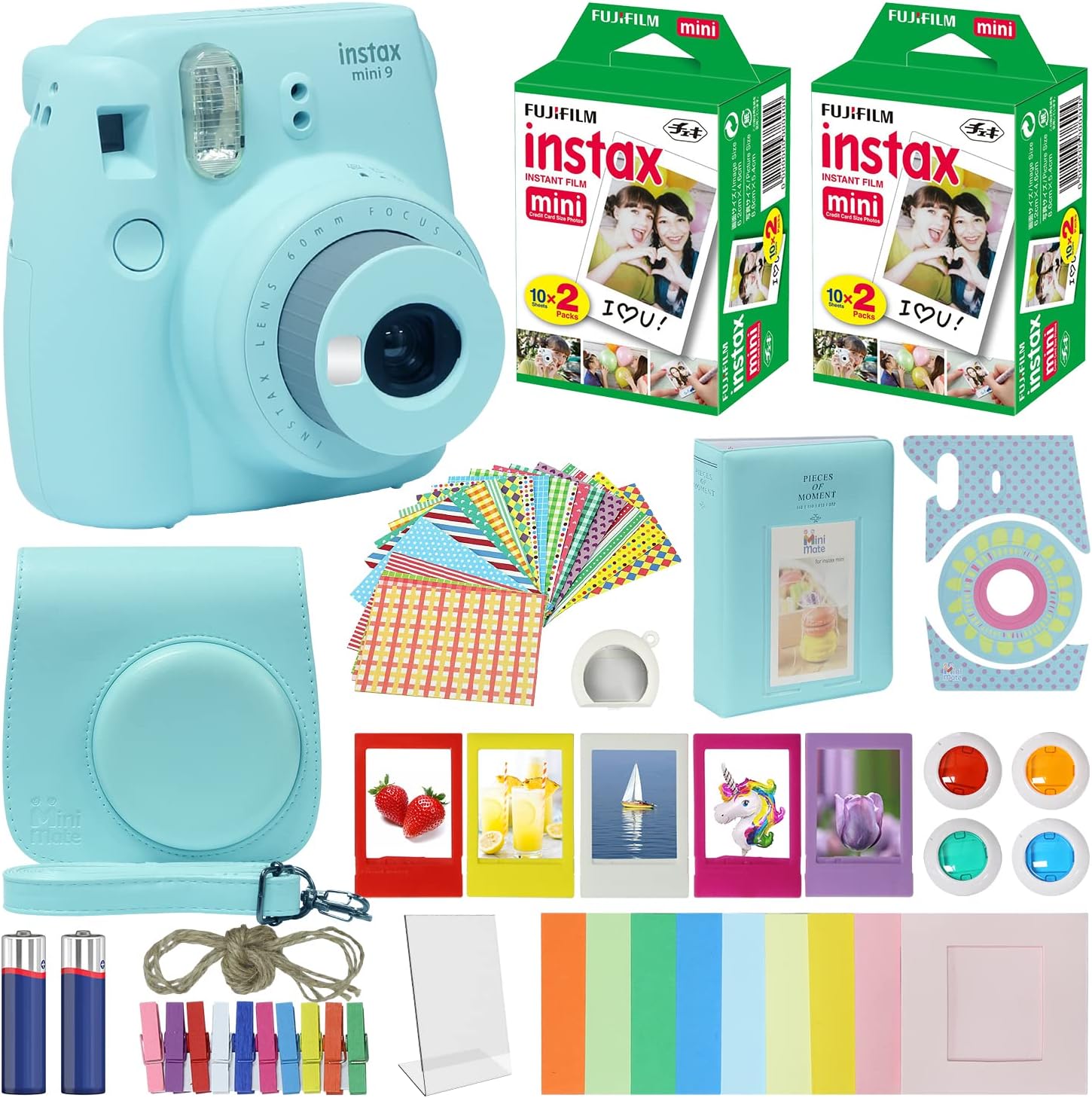 Fujifilm Instax Mini 9 Instant Camera Ice Blue with Carrying Case + Fuji Instax Film Value Pack (40 Sheets) Accessories Bundle, Color Filters, Photo Album, Assorted Frames, Selfie Lens + More