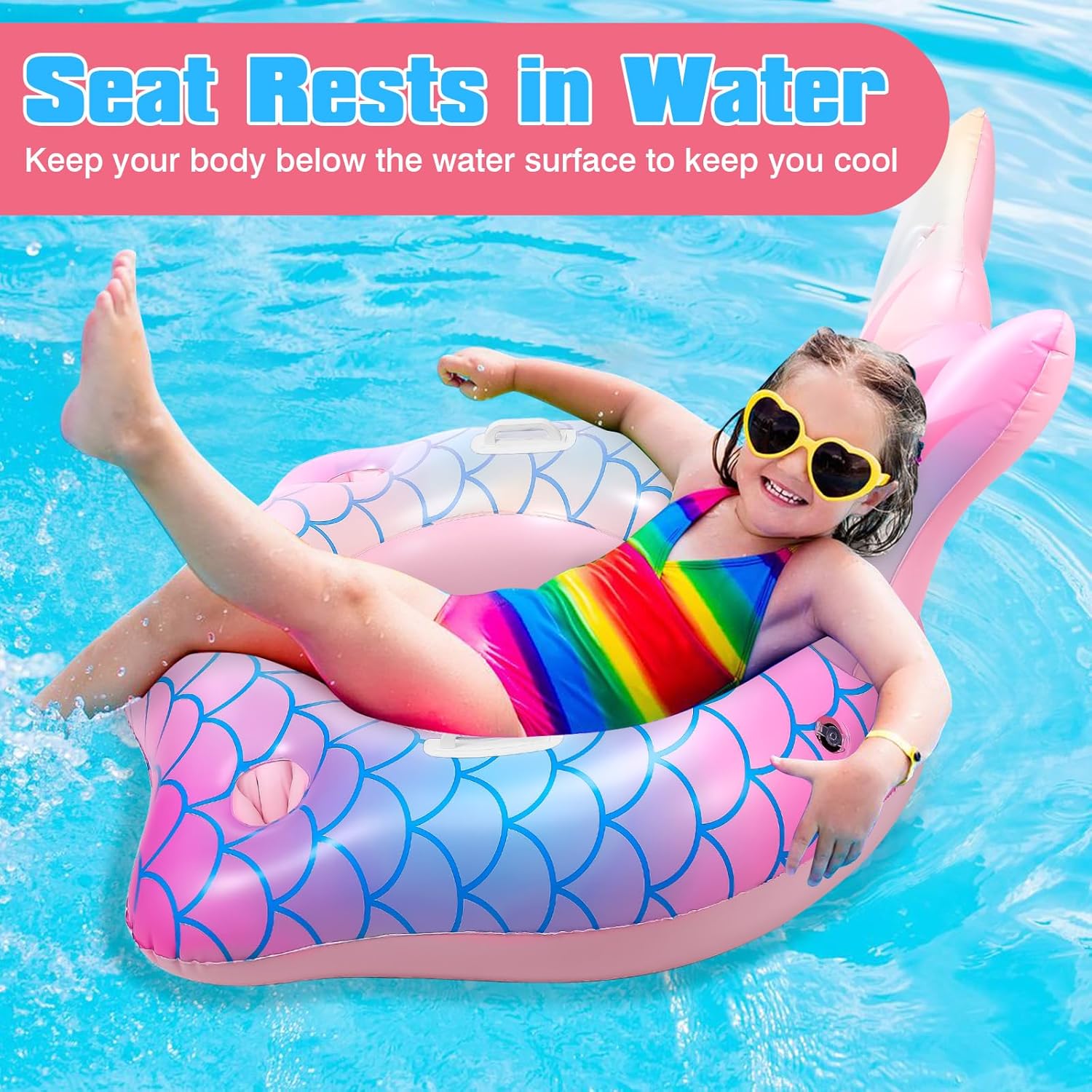 Mermaid Inflatable Pool Float Chair with 2 Cup Holders, Armrests, Pink Swimming Pool Party Lounge Raft Decorations Toys for Adults Kids, Swimming Pool Lounger Pool Floaties for Summer Beach Party