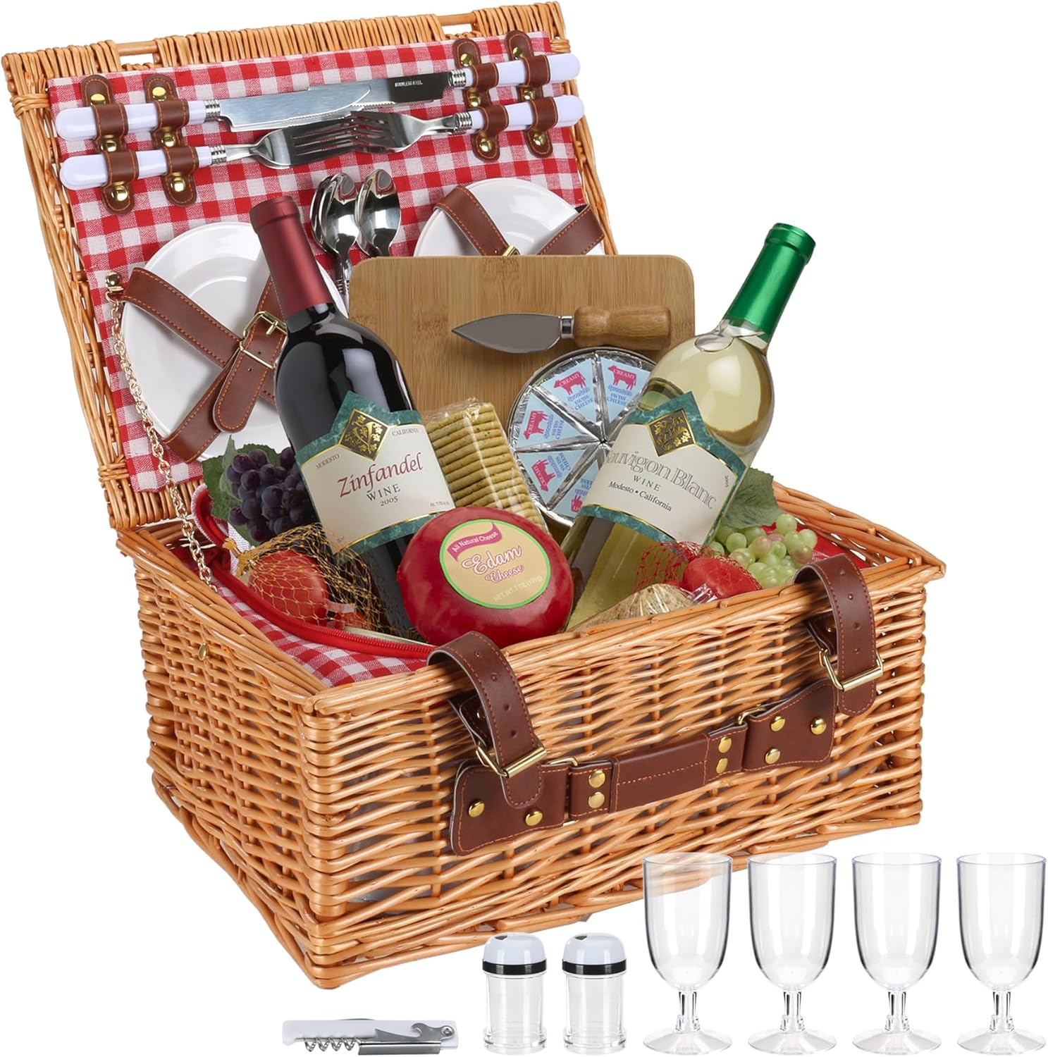 Wicker Picnic Basket Set for 4 Persons,Willow Hamper with Large Insulated Cooler Compartment,Plates,Wine Glasses, Flatware Perfect for Picnic, Camping (Pink & White)