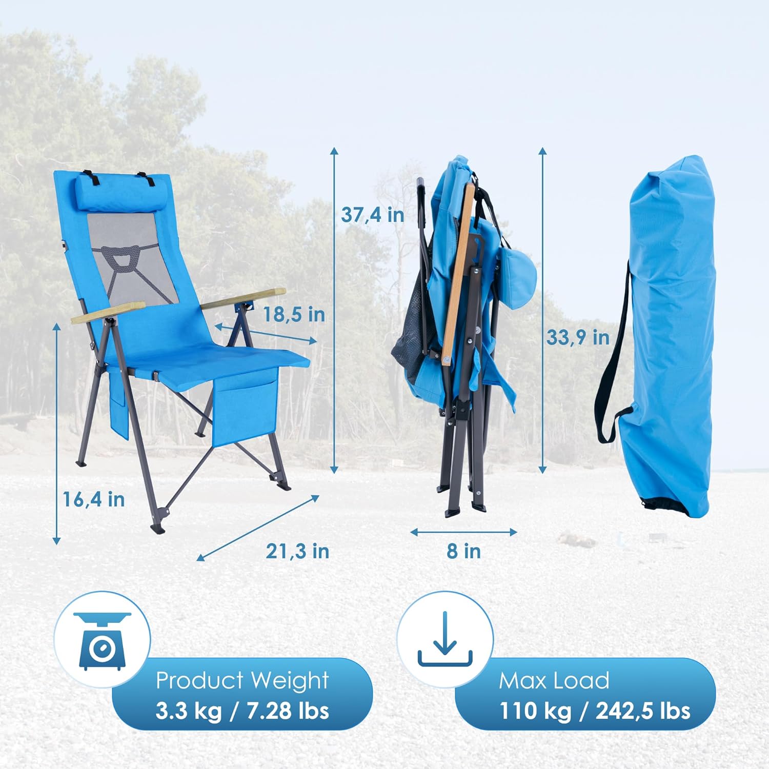 Folding Beach Chair with Hard Wood Armrest & Reclining High Back, Cup Holder, Carry Bag - Portable Foldable Camping Lawn Chair, Folding Outdoor Compact Beach Chair for Adults, Blue