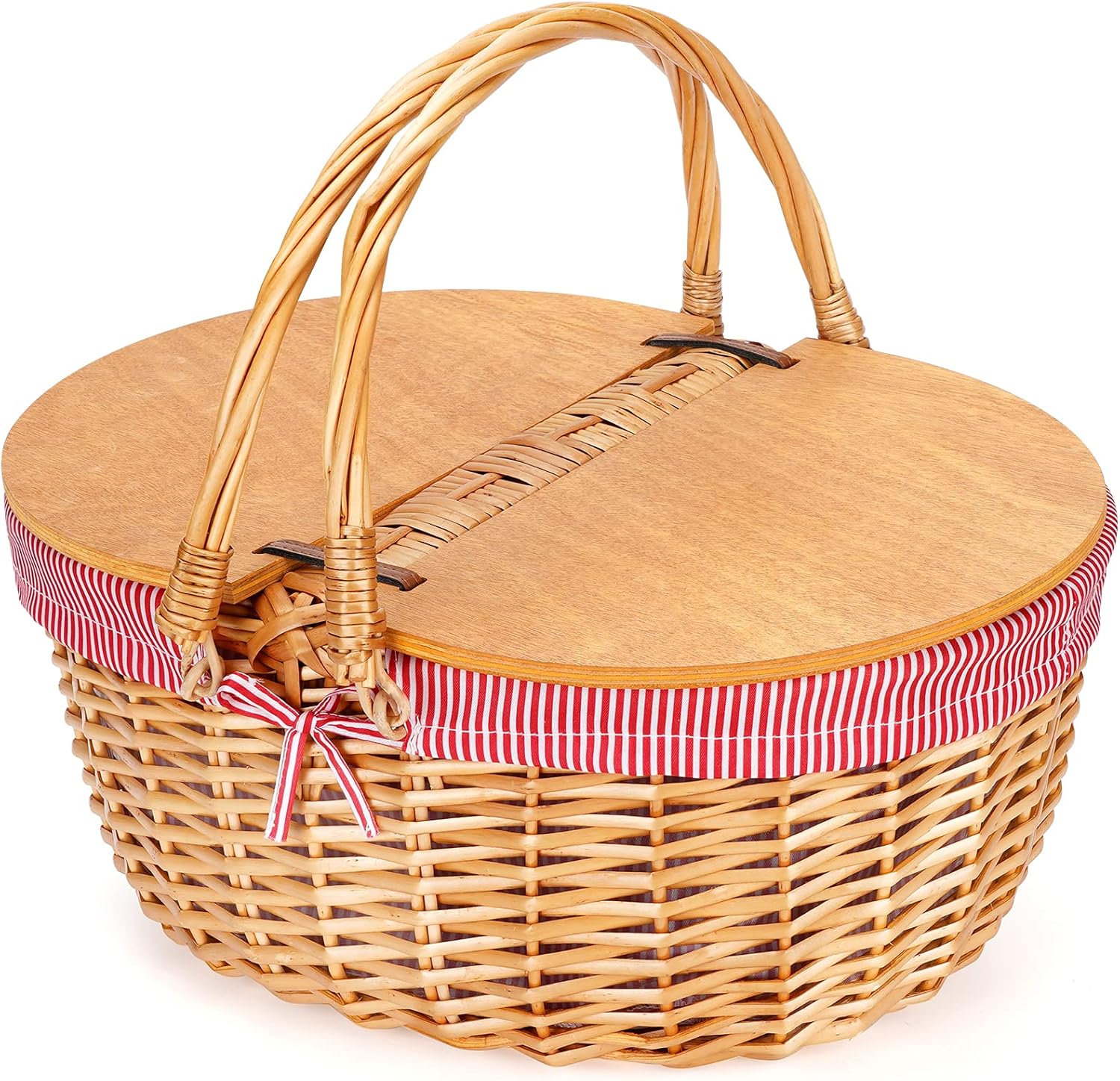 Wicker Picnic Basket with Liner, Wooden Split Lid Picnic Basket, Vintage-Style Wicker Picnic Hamper with Folding Woven Handle for Picnic, Camping, Outdoor, Valentine Day, Thanks Giving, Birthday (Red)