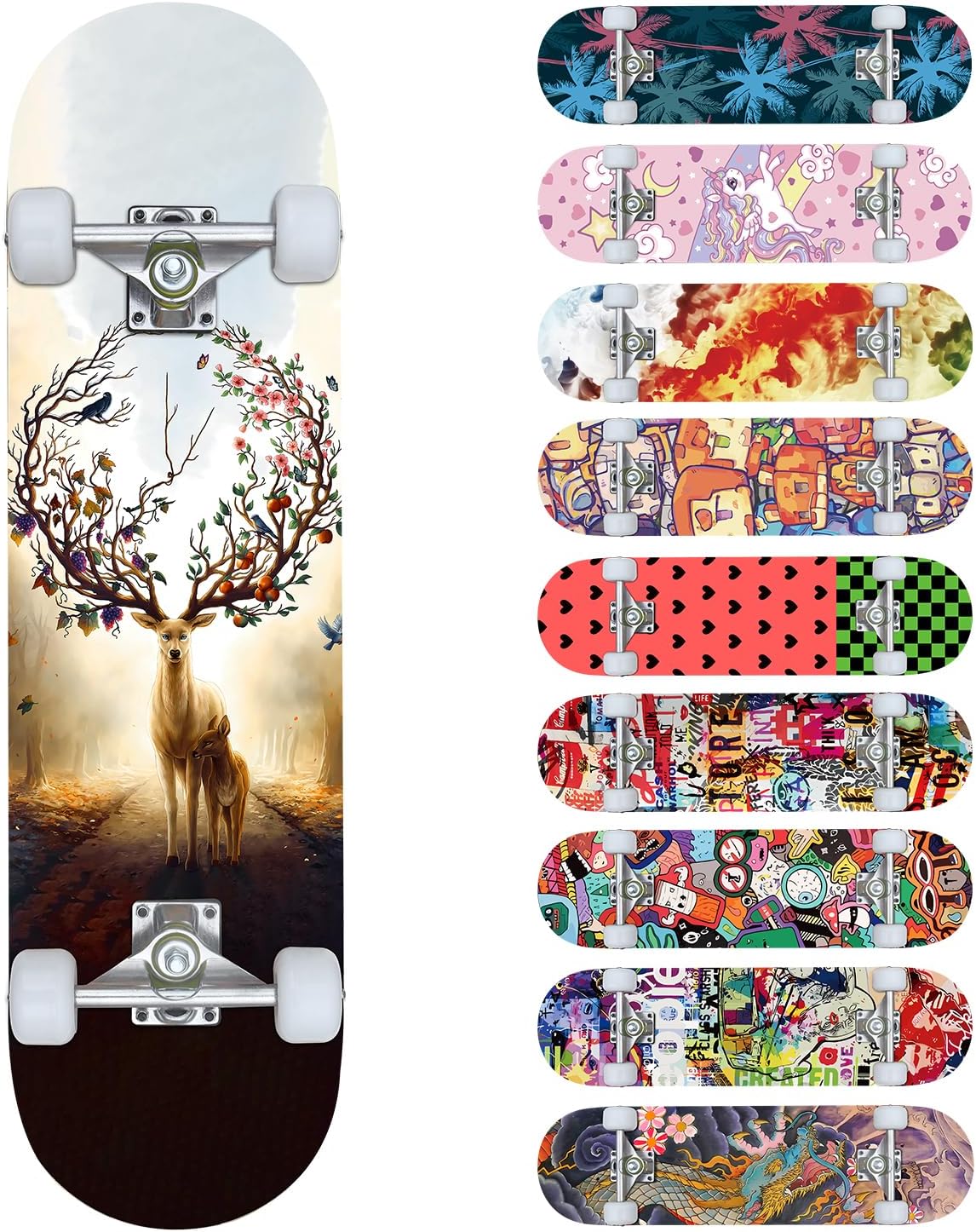 Skateboards for Beginners, 32"X8" Inch Standard Complete Skateboard for Adults Youths Teens Kids Girls Boys 8 Layer Canadian Maple Double Kick Concave with Skate Tool