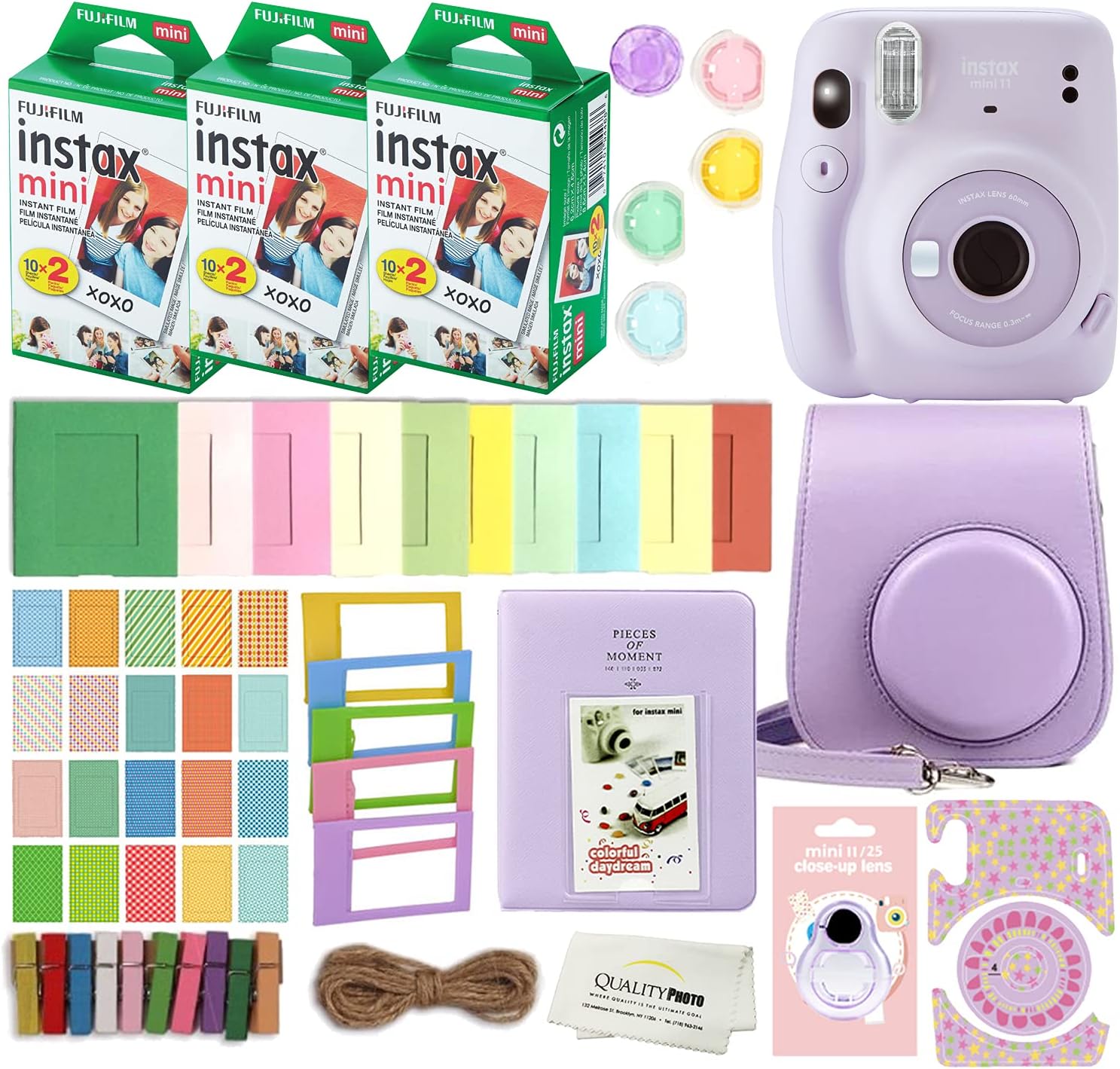 Fujifilm Instax Mini 11 Instant Camera with Case, 60 Fuji Films, Decoration Stickers, Frames, Photo Album and More Accessory kit (Charcoal Grey)… (Lilac Purple)