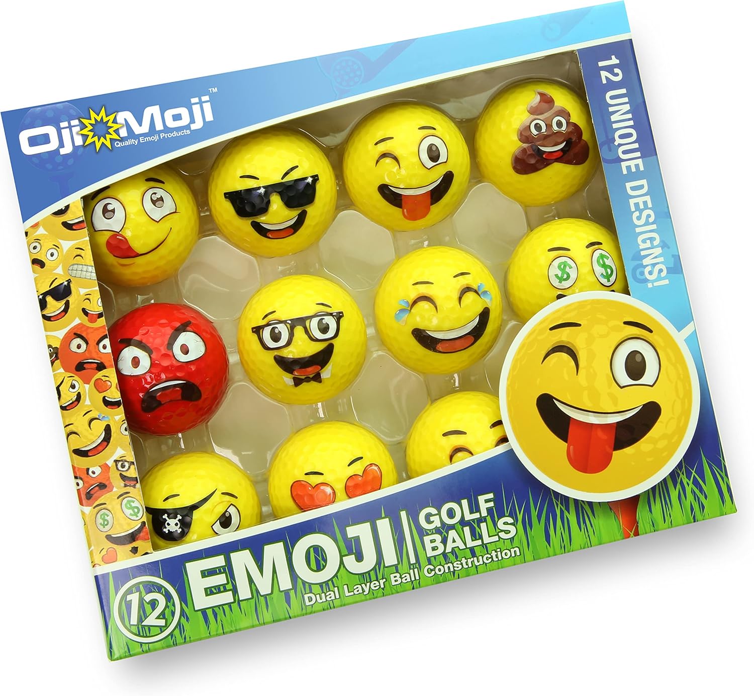 Oji-Emoji Premium Emoji Golf Balls, Unique Professional Practice Golf Balls, 12-Pack Emoji Golfer Novelty Golf Gift for All Golfers, Fun Golf Gifts for Men, Dads, Women, Kids, golf accessories