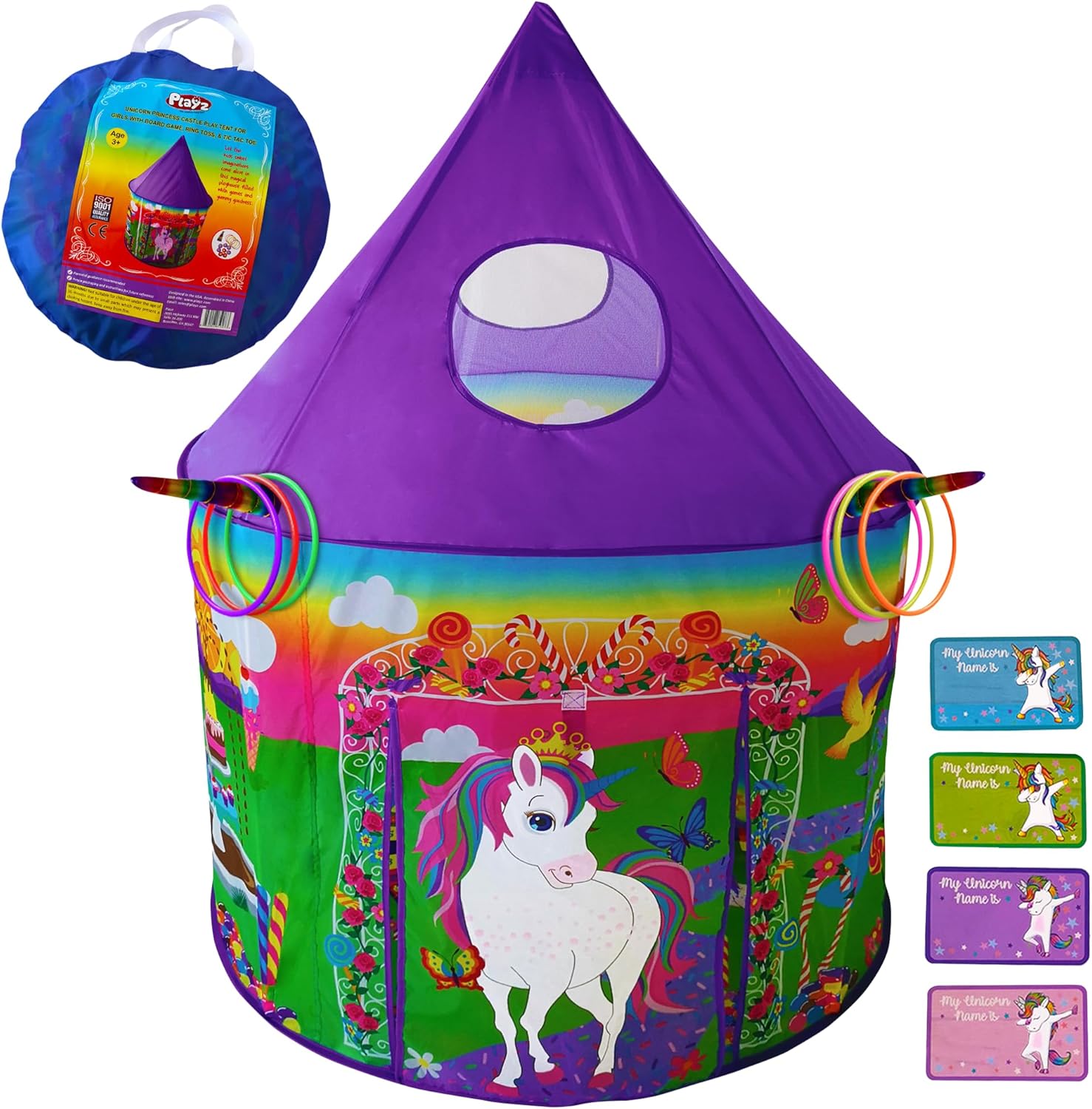 Playz Unicorn Toys Kids Play Tent for Girls with Unicorn Ring Toss, Candy Board Game, & Tic Tac Toe - Indoor & Outdoor Pop up Playhouse Set for Kids Birthday Party Favors & Gifts for Baby and Toddlers