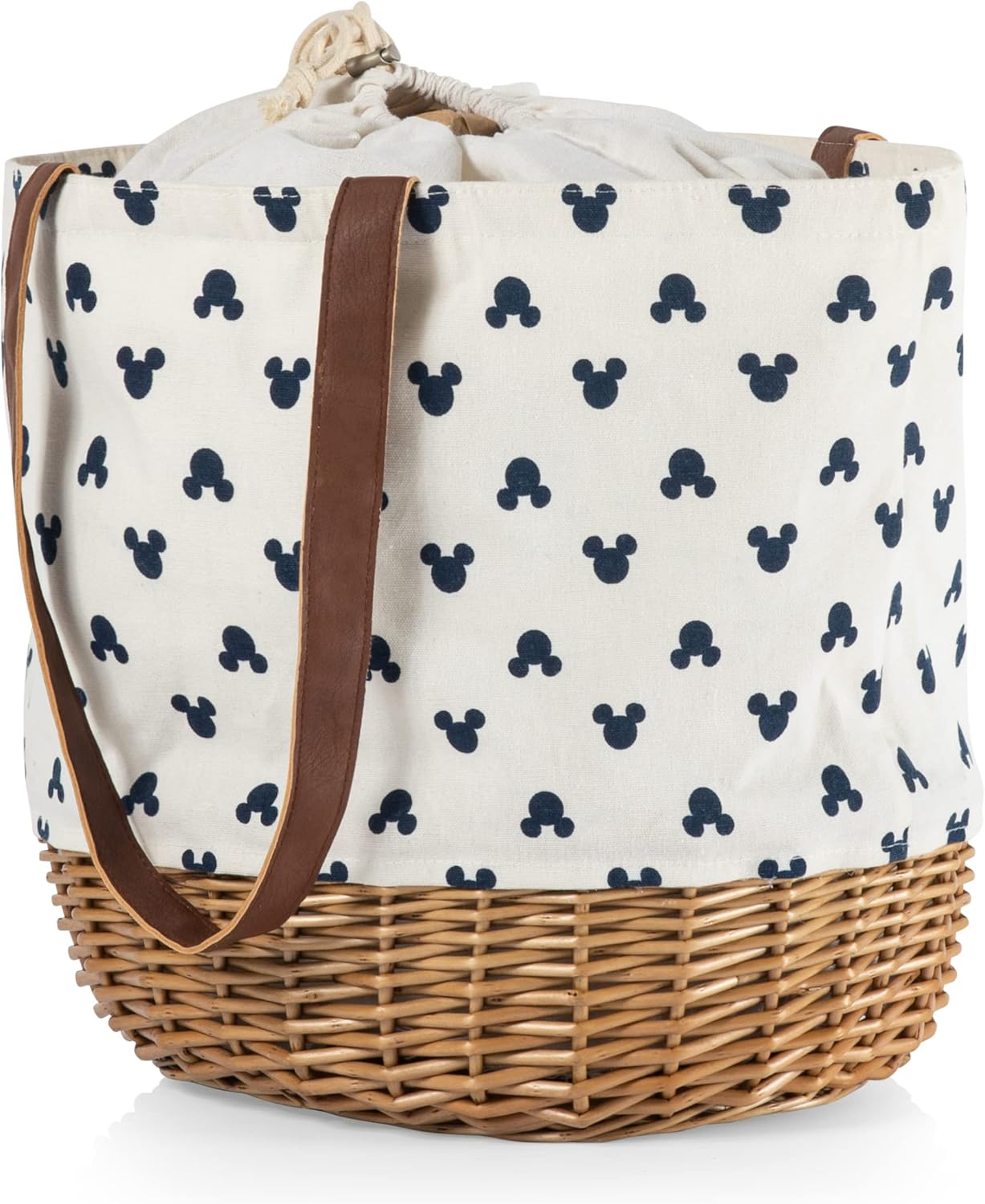 PICNIC TIME - Disney Classic Mickey Silhouette Coronado Canvas and Willow Basket Tote - Picnic Basket Tote Bag - Beach Tote, (Cream with Navy Blue Pattern)