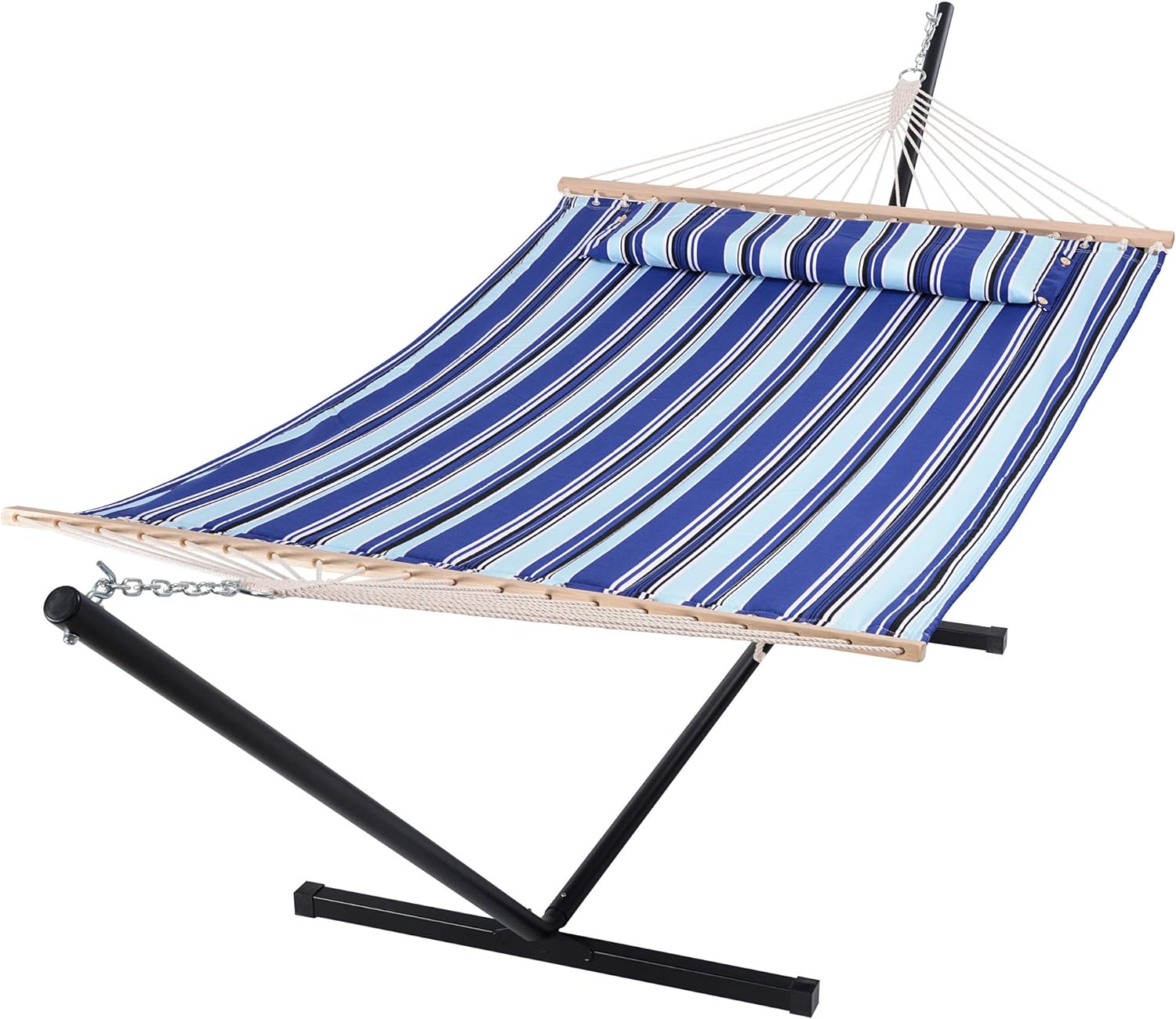 SUNCREAT Two Person Hammock with Stand Heavy Duty, Free Standing Hammocks Outdoors for 2 Person, Max 475lbs Capacity, Blue Stripes