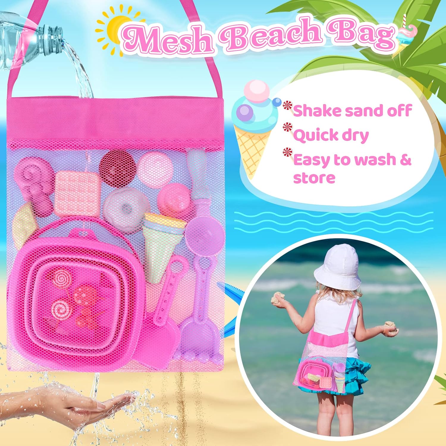 Collapsible Beach Toys Set for Kids Toddlers Girls, Collapsible Sand Bucket and Shovels Set with Mesh Bag & Sand Molds, Ice Cream Travel Sand Toys for Beach, Sandbox Toys for Toddlers Kids Age 3-10