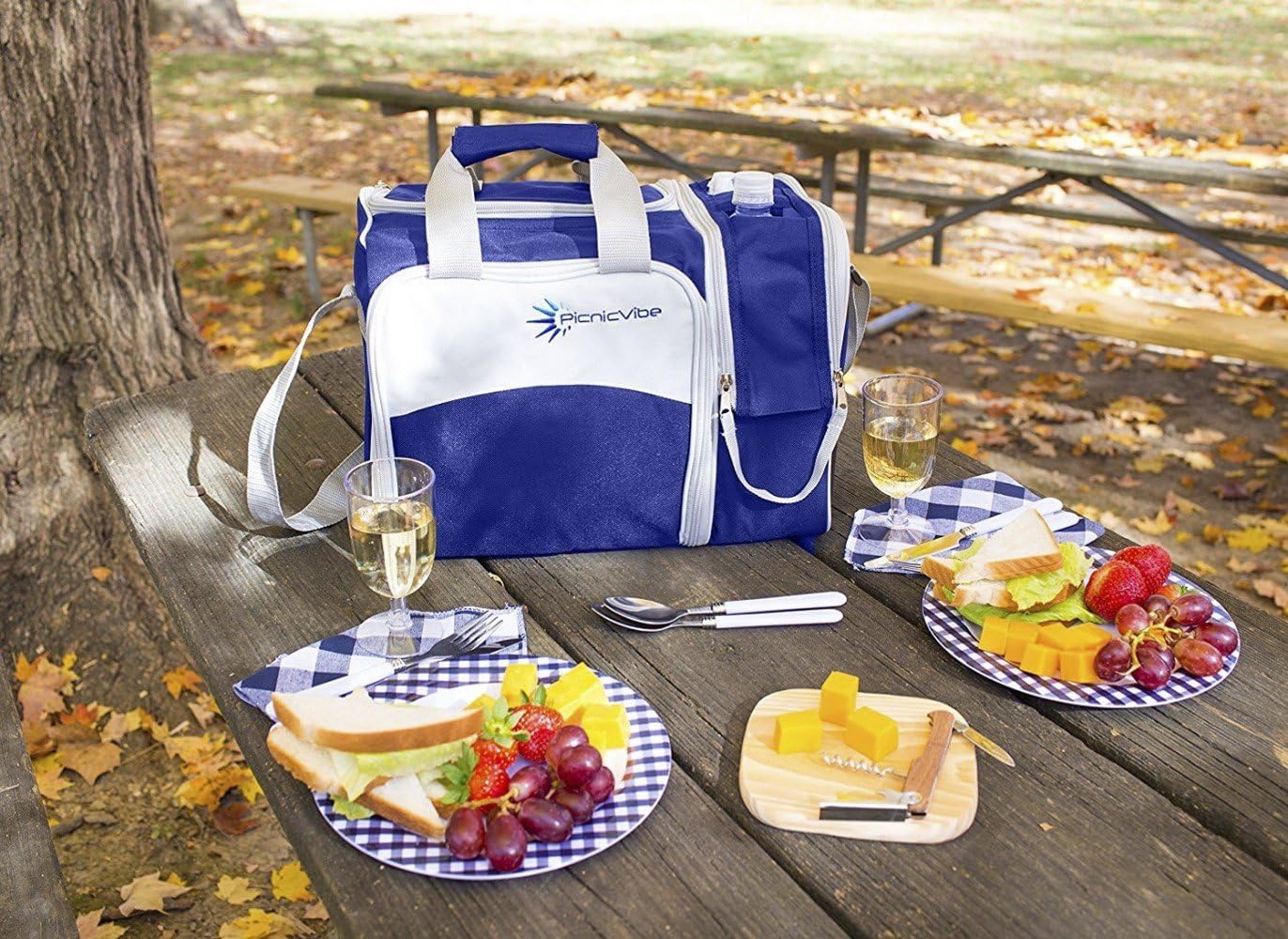 Picnic Basket Bag Set, 2 Person Insulated Tote with Cooler Compartment. Two Bottle Section Setting, includes Wine Glasses, Plates, Cutlery and Complete Flatware