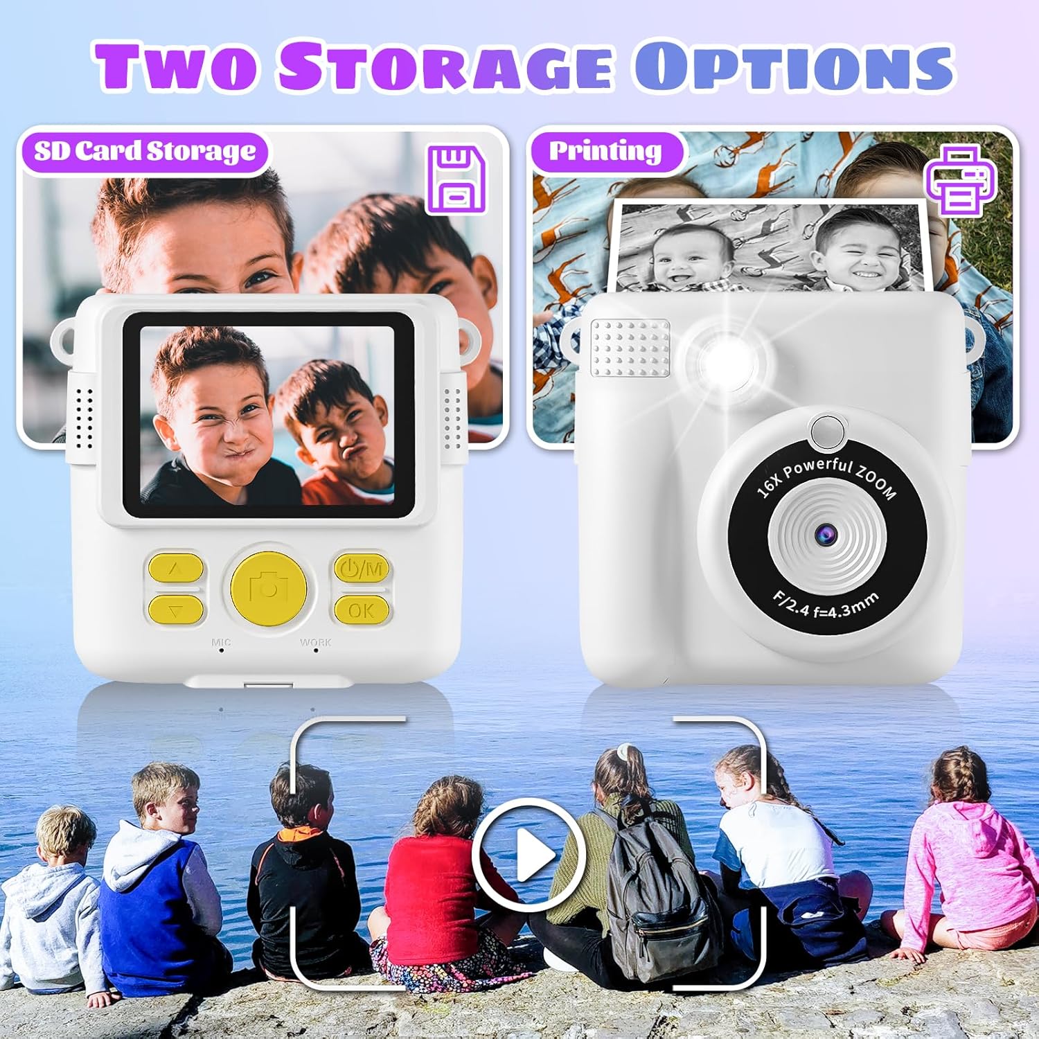 Instant Print Camera, Kids Camera 1080P HD Digital Camera with 32G SD Card, 3 Rolls Photo Paper & 6 Color Pencils for Age 6-12 Boys and Girls Birthday Gifts Photo and Video Recording