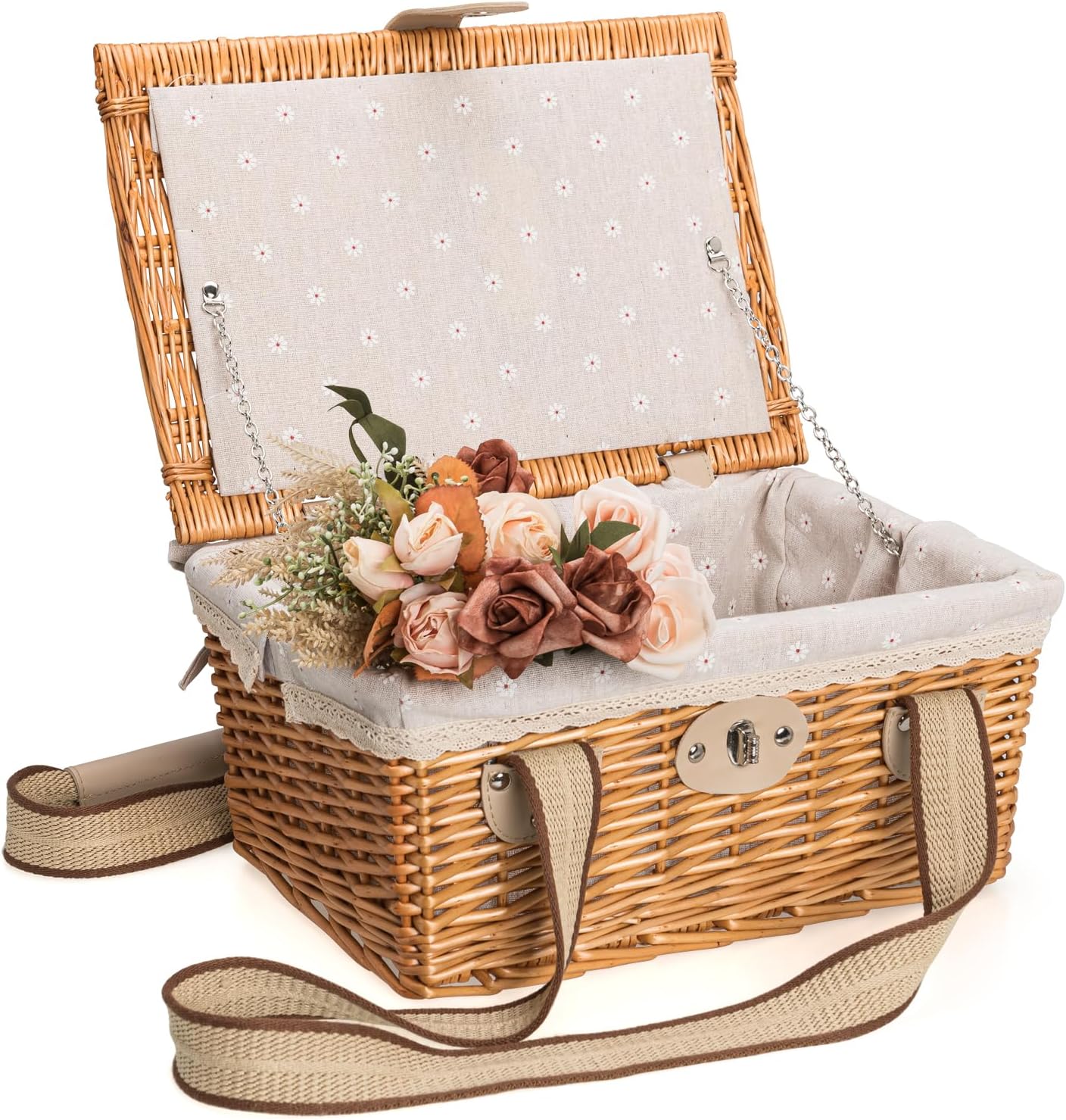 Picnic Basket for 2 Persons, Handmade Wicker Picnic Basket with Two Woven Canvas Handles & Washable Linen Lining, Natural Willow Hamper for Outdoor Picnic. Great Gift for Every Occasion