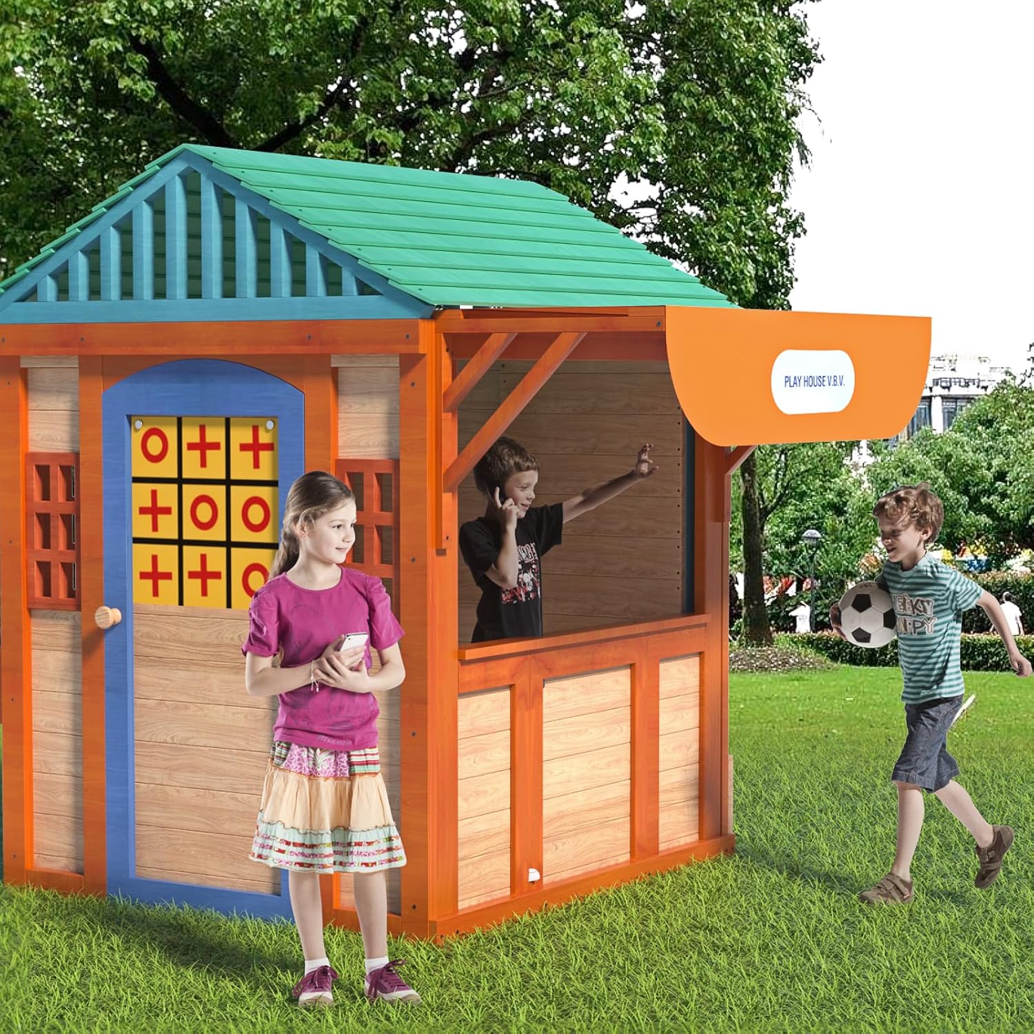 Outdoor Playhouse for Age 3-8 Years Boy Girl, Wooden Cottage Playhouse with 4 Game Awning Window, Ball Wall & Tetris. Play House for Outdoor Garden, Lawn, Patio, Yard.