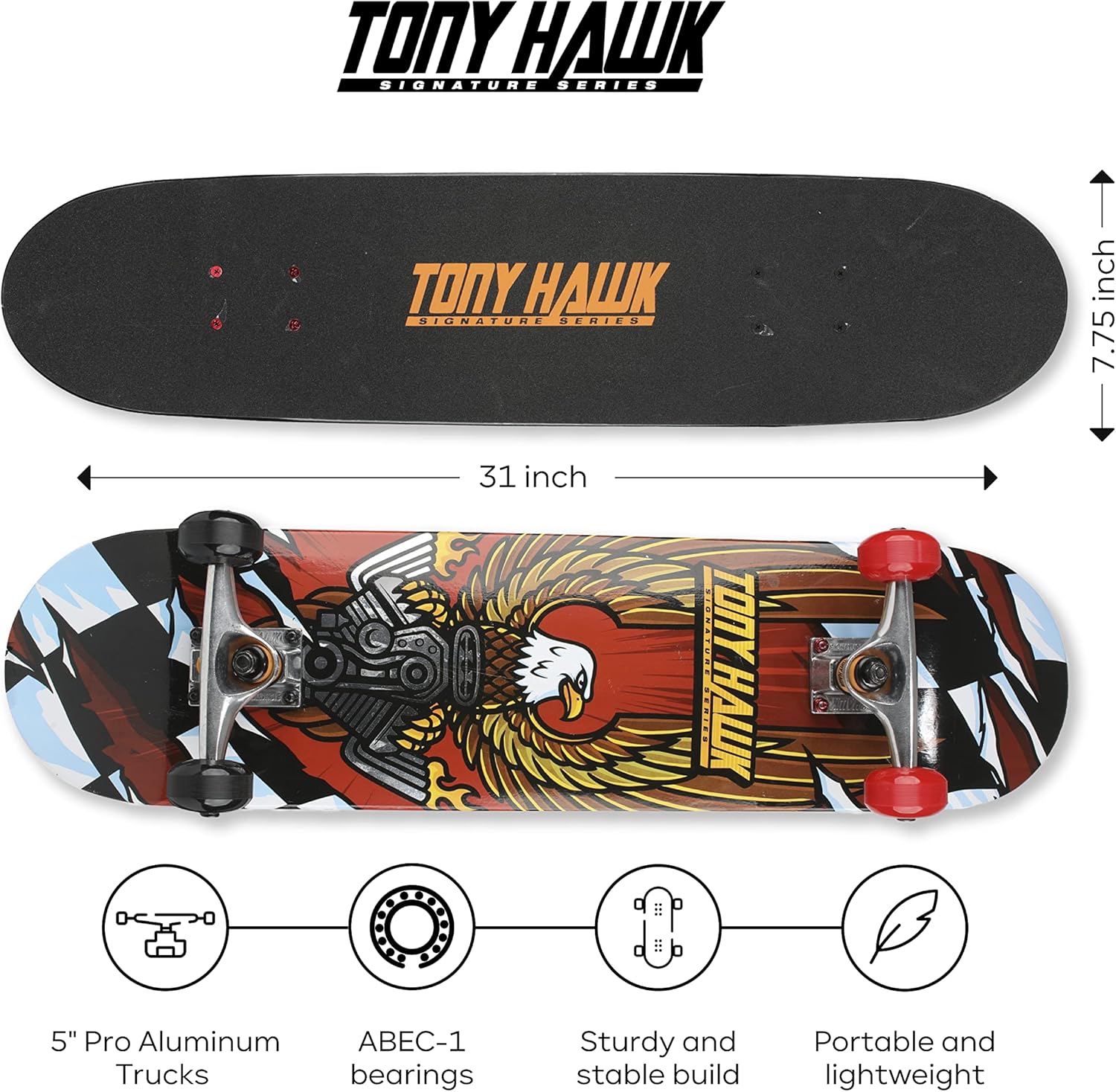 Tony Hawk 31" Skateboard - Signature Series 3 Skateboard with Pro Trucks, Full Grip Tape, 9-Ply Maple Deck, Ideal for All Experience Levels