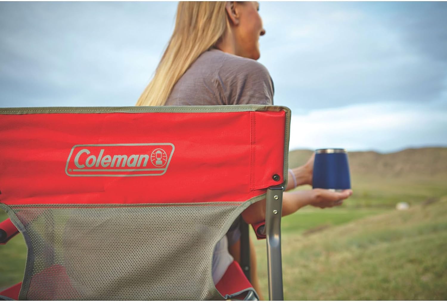 Coleman Outpost Breeze Steel Deck Chair, Portable Folding Chair with Padded Arm Support & Angled Sitting Position for Comfort, Great for Camping, Patio, Tailgating, Sideline Sports, & More