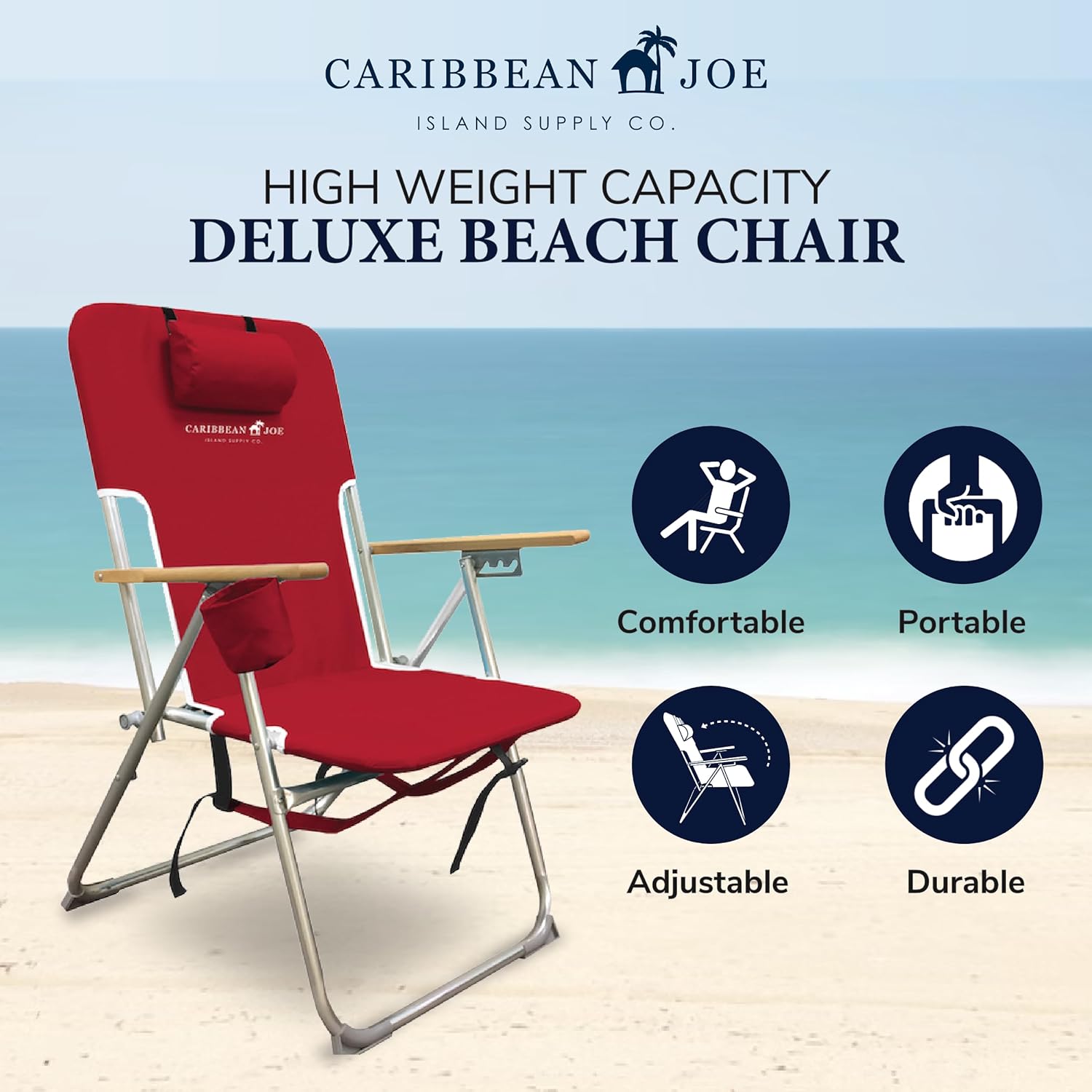 Caribbean Joe Folding Beach Chair, 4 Position Portable Backpack Foldable Camping Chair with Headrest, Cup Holder, and Wooden Armrests