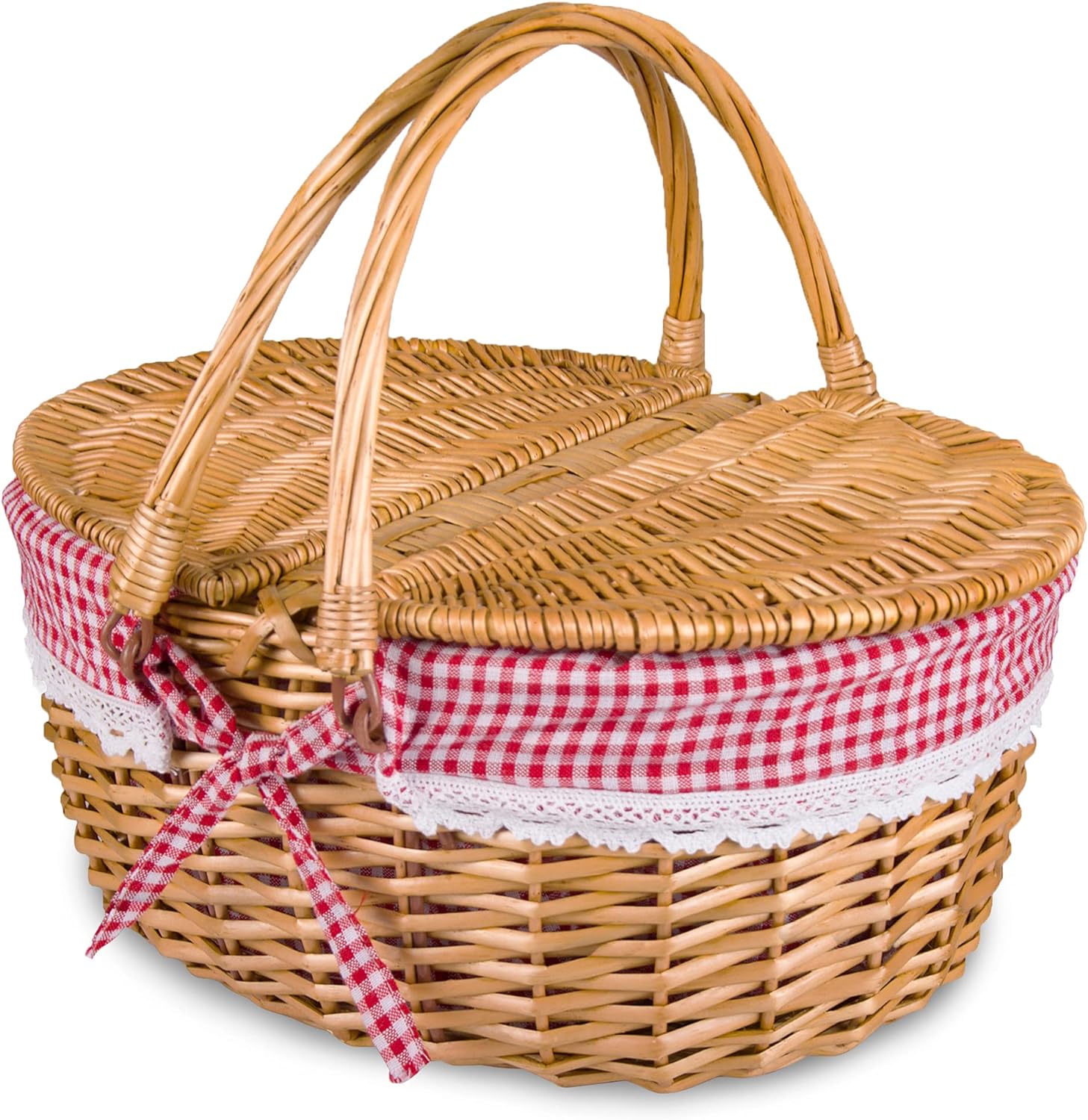 Wicker Picnic Basket with Lid and Handle Sturdy Woven Body with Washable Plaids Liner,Red