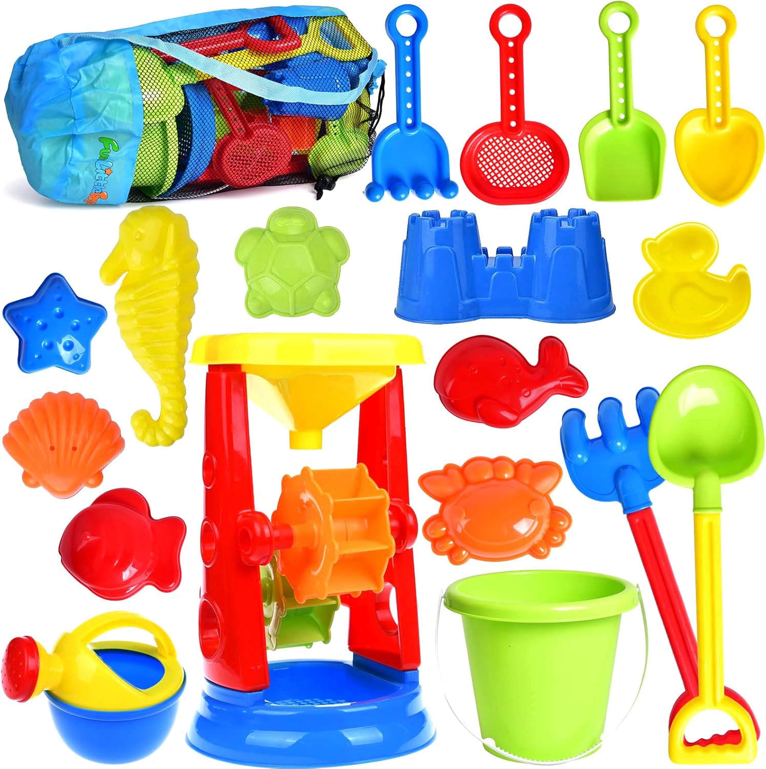 Beach Toys, 19 Piece Sand Toys Set Kids Sandbox Toys includes Water Wheel Beach Tool Kit Bucket Watering Can Molds sand Toys Mesh Bag for Travel, beach Toys for Kids Ages 3-13