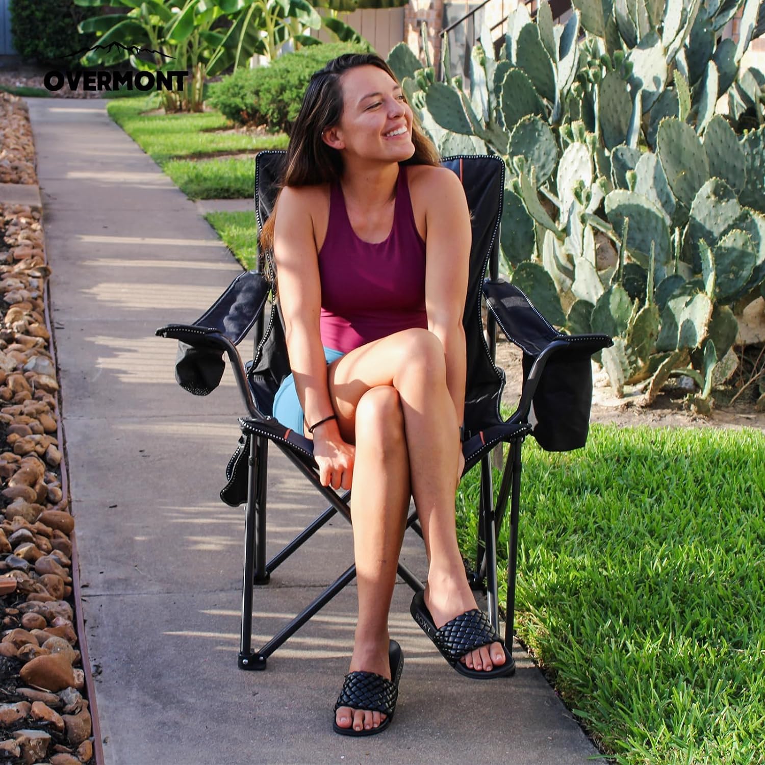 Overmont Oversized Folding Camping Chair - 450lbs Support with Padded Cushion Cooler Pockets - Heavy Duty Collapsible Chairs for Sports Garden Beach Fishing Black