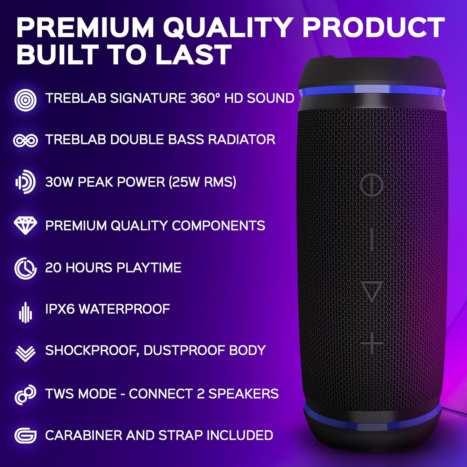 TREBLAB HD77 - Wireless Bluetooth Speaker - 30W Stereo, 20H Battery, IPX6 Waterproof, TWS Mode, Portable Speaker with Shockproof/Dustproof Body