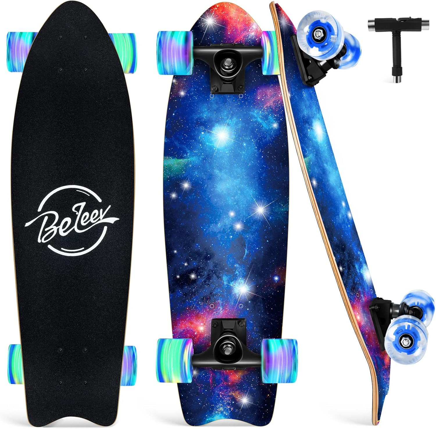 BELEEV Cruiser Skateboards for Beginners, 27 x 8 inch Complete Skateboard for Kids Teens Adults, 7 Ply Canadian Maple Double Kick Deck Concave Skateboard with Skate T-Tool