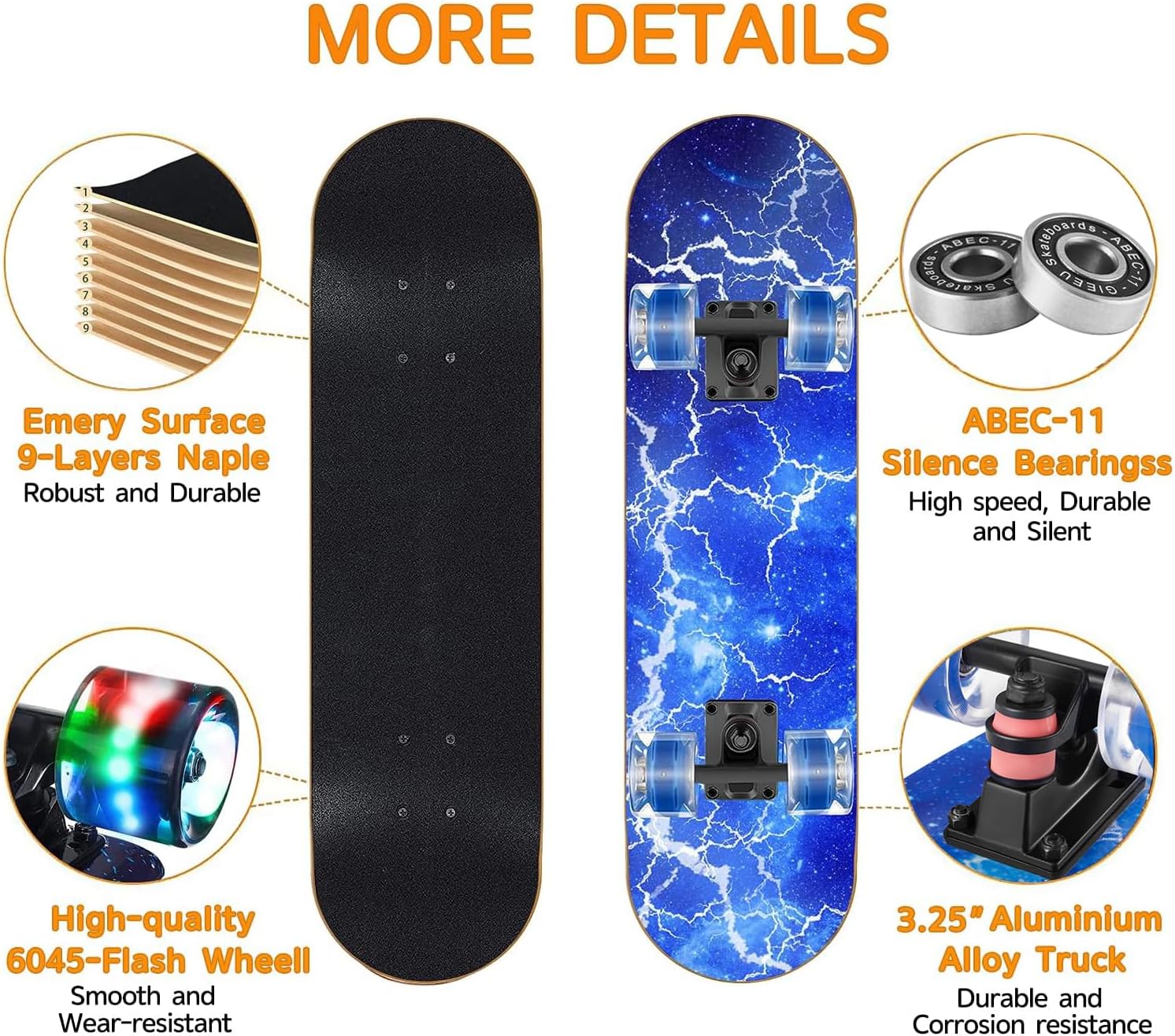 Skateboards with Colorful Flashing Wheels for Beginners,Kids,Teens,Adults, Complete Standard Skate Boards 9 Layer Canadian Maple Deck Concave Skateboard