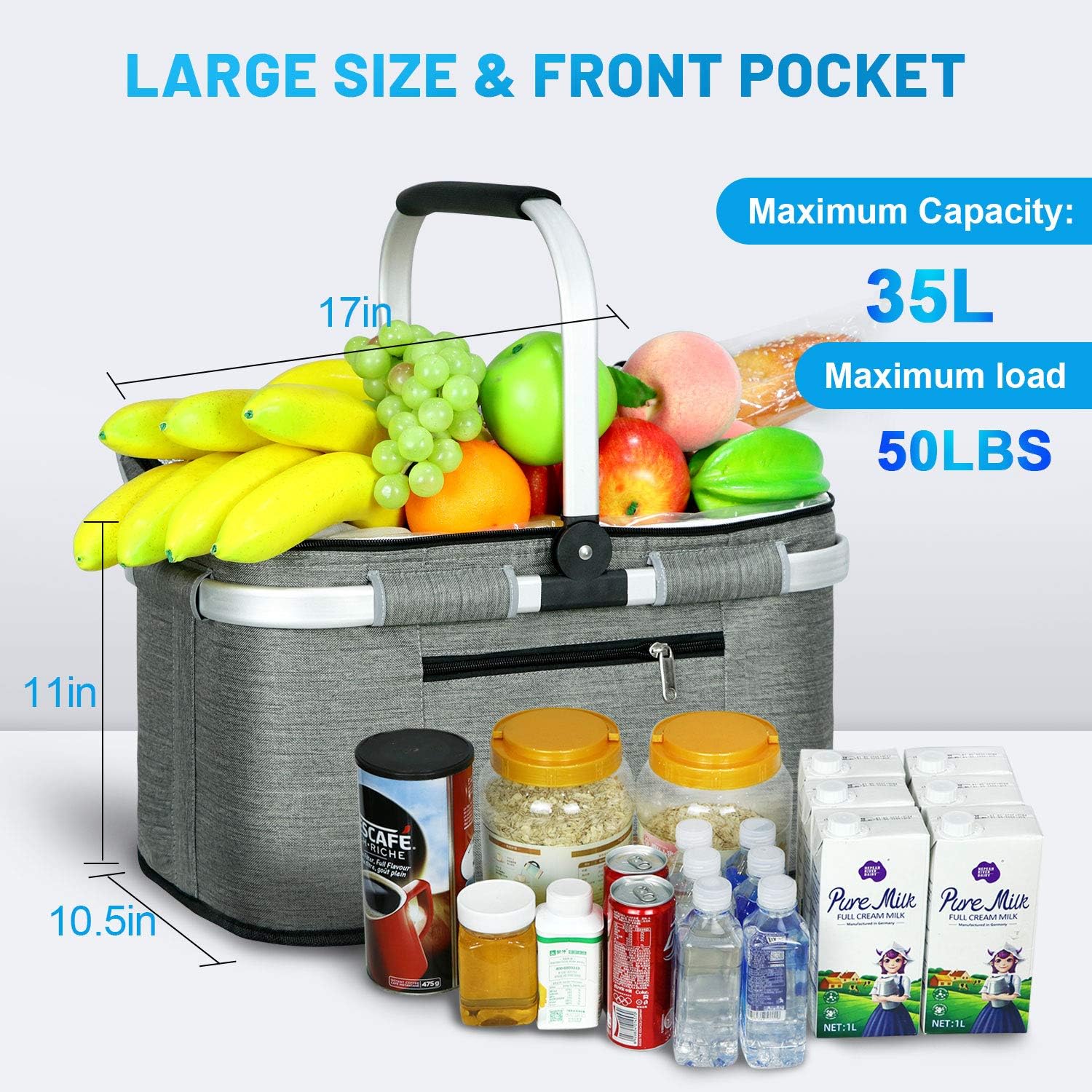 LIQING 35L Large Picnic Basket Shopping Travel Camping Grocery Bags 2 Layers of Internal Pockets Leak-Proof and Insulated Folding, Internal Support Does Not Collapse