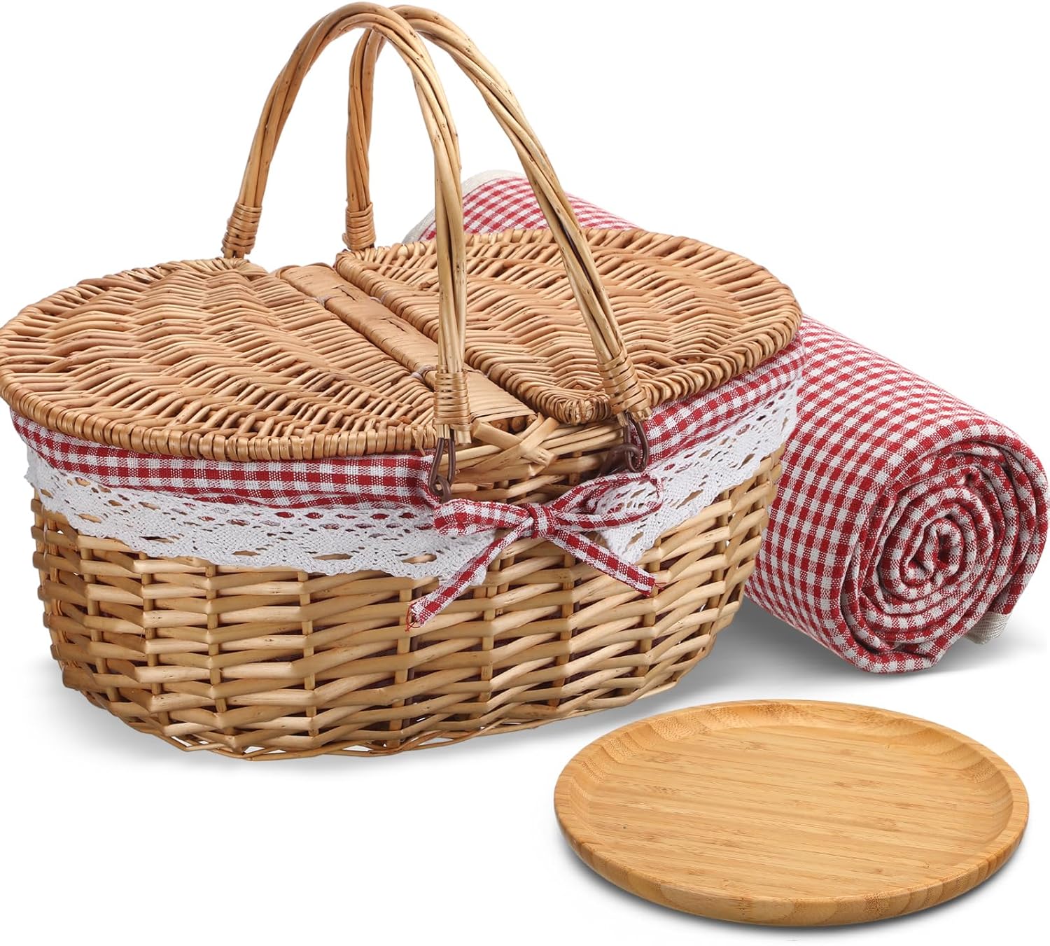 Picnic Basket with Blankets and Bamboo Plates Picnic Supplies Set Basket with Lid and Handle Wicker Picnic Basket Sturdy Woven Body with Washable Lining for Camping(Red)