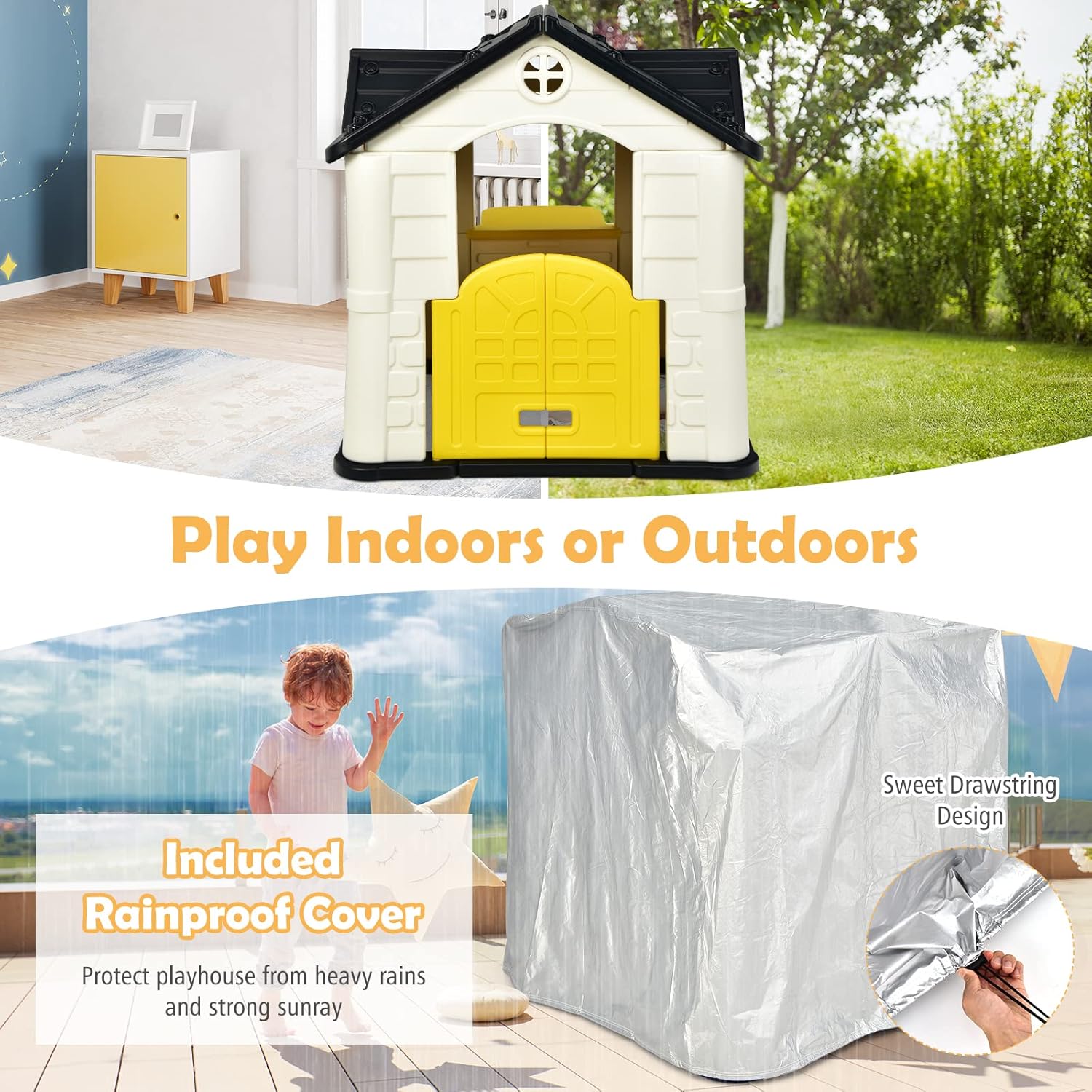 Costzon Playhouse for Kids, Outdoor Garden Games Cottage w/Working Doors & Windows, Pretend Toy House w/Picnic Table, 7 PCS Toy Set & Tray, Waterproof Cover, Gift for Boys & Girls Ages 3+ (Yellow)