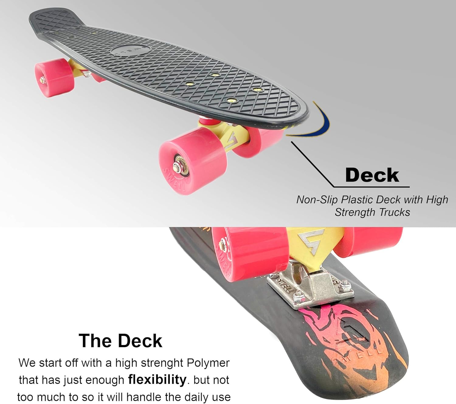 22 inch and 28 Inch Plastic Retro Mini Cruiser Complete Skateboard for Beginners, Boys, Girls, Youths, Teens, Adults, and College Students.