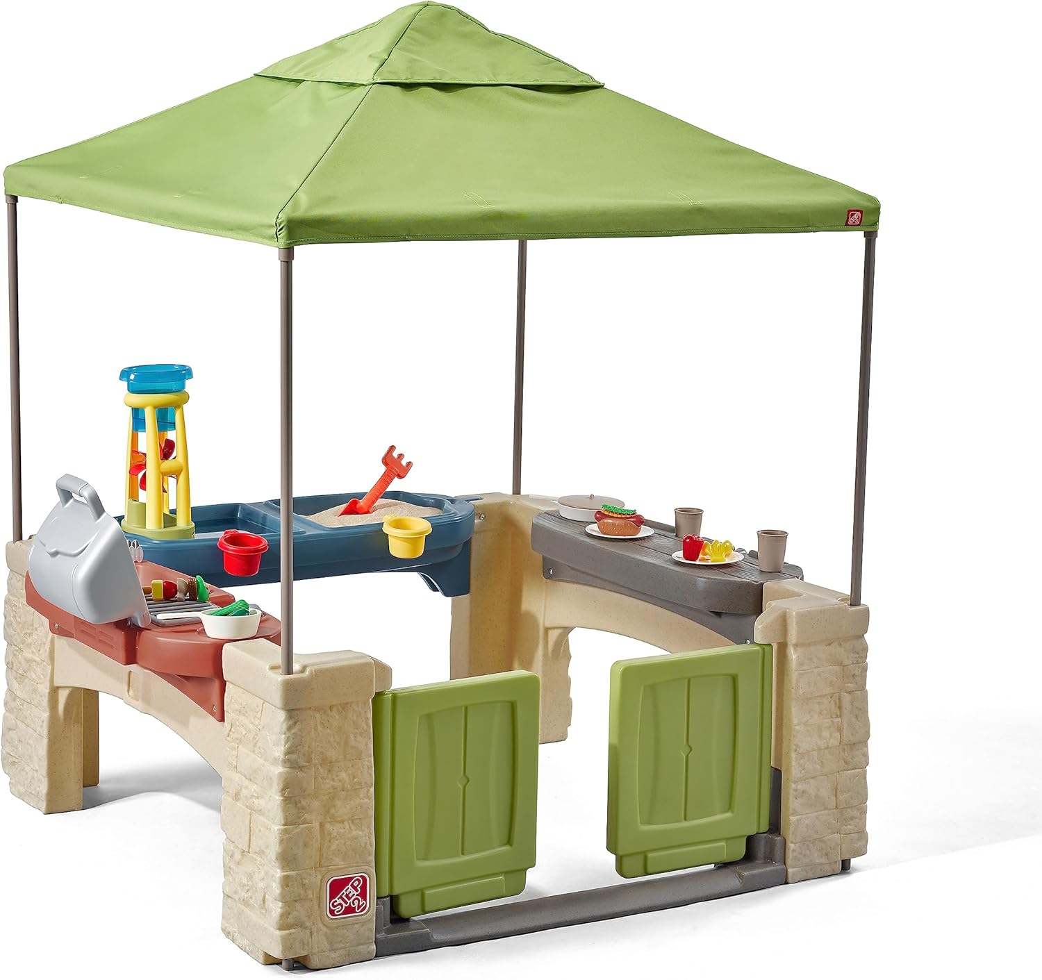 Step2 All Around Playtime Patio with Canopy, Kid Indoor and Outdoor Kitchen Playset, Sensory Playhouse, Kids Ages 2+ years old, Easy Assembly, Green