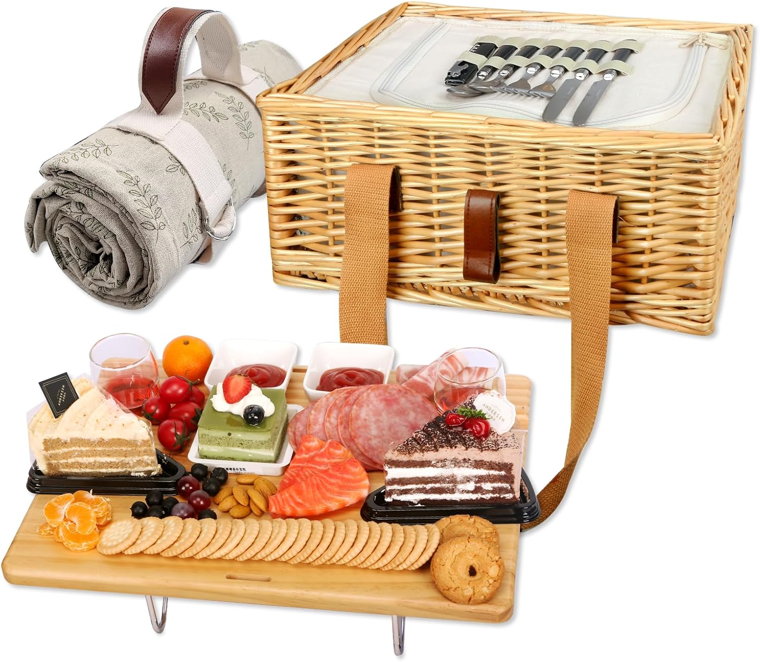 Hap Tim Wicker Picnic Basket for 2 with Mini Folding Wine Picnic Table & Large Insulated Cooler Bag & Cutlery Service Kits for 2 Person, Couples Gifts, Wedding Gifts (Y2307-2-CM)