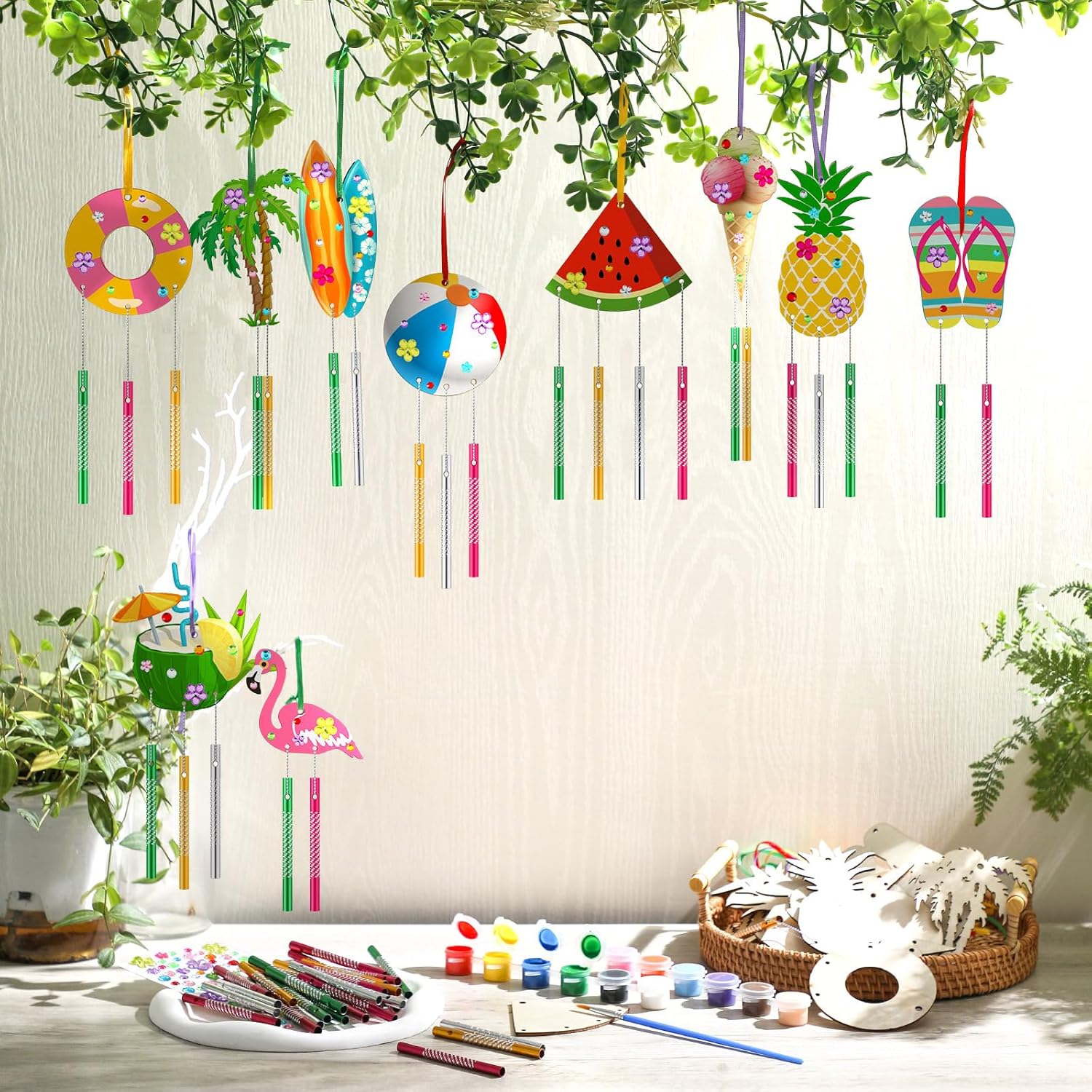 JellyArch 30 Pack Summer Wind Chime Making Kit for Kids, Summer Beach Fruit DIY Wind Chime Wooden Crafts Ornaments for Girls and Boys Activity Birthday Summer Decoration