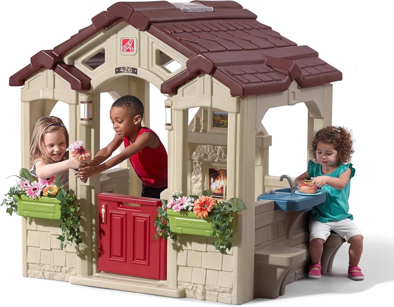 Step2 Charming Cottage Kids Playhouse, Indoor and Outdoor Playset, Interactive Sounds, Toddlers 2+ Years Old, Easy to Assemble Backyard Discovery Playhouse