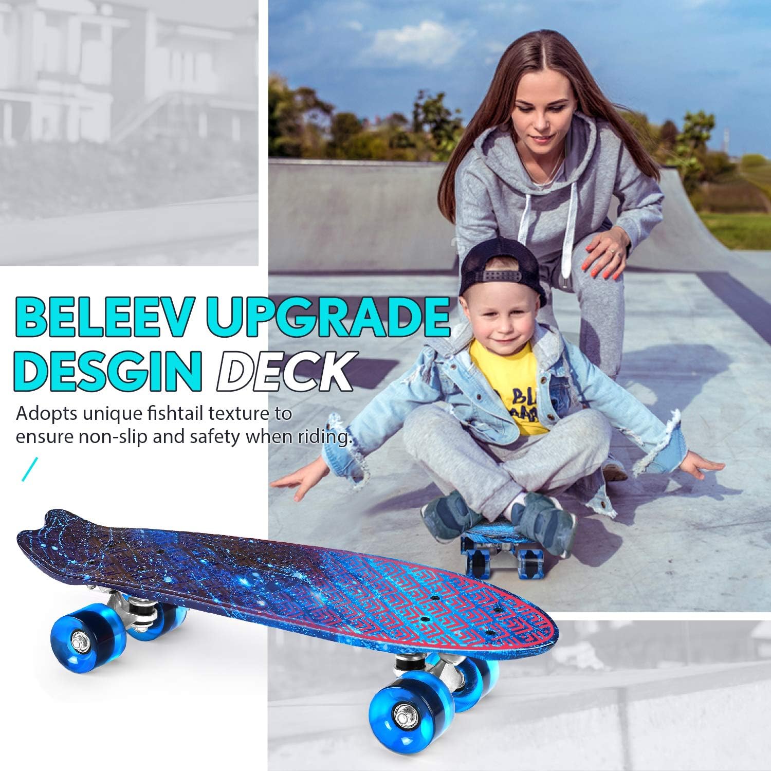 BELEEV 22 inch Skateboards for Kids, Cruiser Skateboard for Beginners Girls Boys Teens Adults, Mini Skateboards Classic Complete Skate Board with Skate T-Tool, Max Load 220 LBS