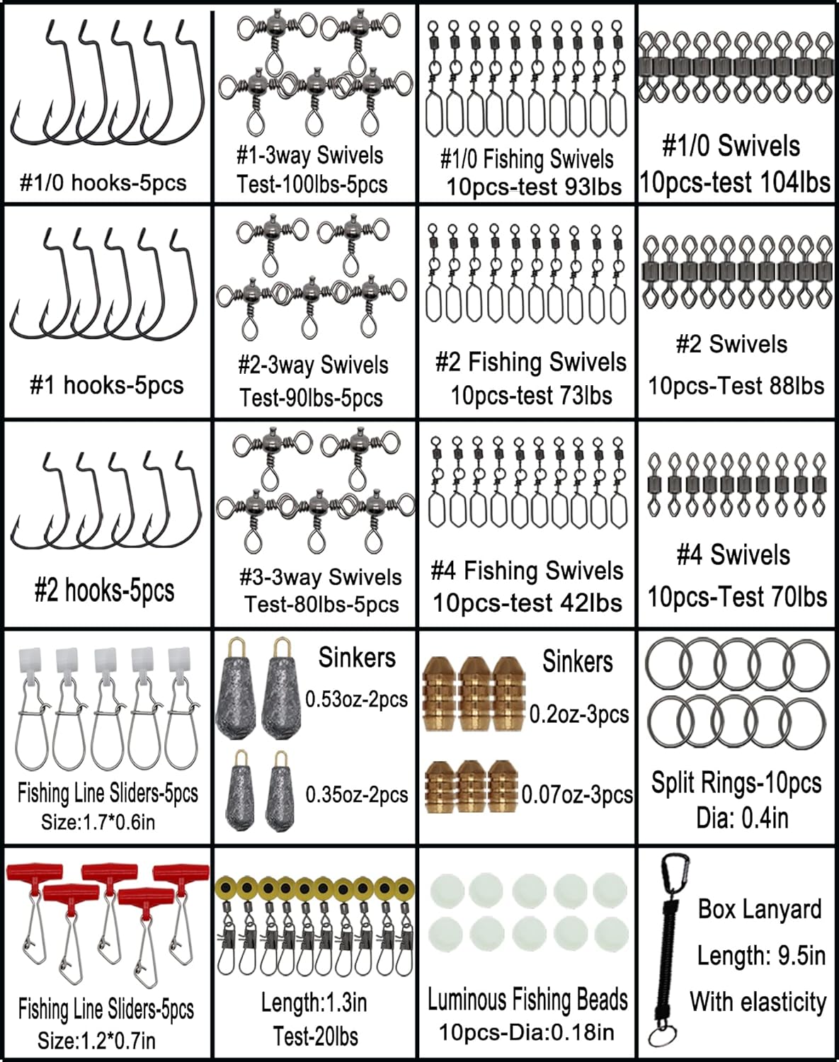 Fishing Accessories Kit with Hooks Bass Casting Sinkers Fishing Swivels Snaps Sinker Slides Fishing Line Beads Fishing Set with Tackle Box Lanyard