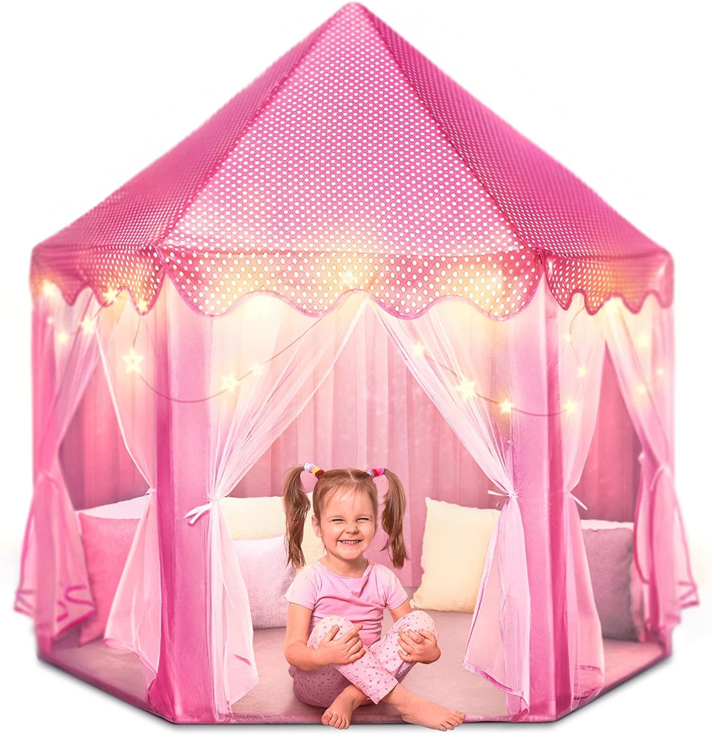 Castle Princess Tents for Little Girls with Lights, Soft Fairy Star Lighting for Indoor and Outdoor Play, Quick 55” x 53” Pop Up Canopy, Relaxation and Creative Space for Kids, Pink