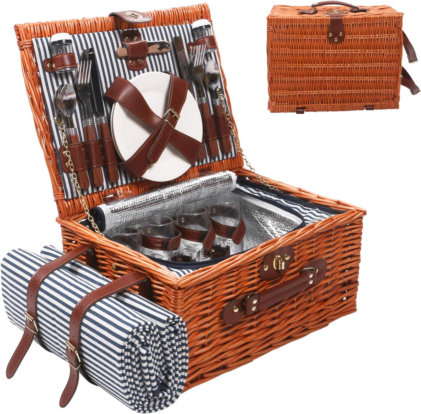 Willow Picnic Basket for 4 Persons with Insulated Compartment, Picnic Basket Sets with Utensils Cutlery Perfect for Valentine Day Wedding, Wicker Hamper for Outdoor Patio Lawn Garden Picnic & Camping