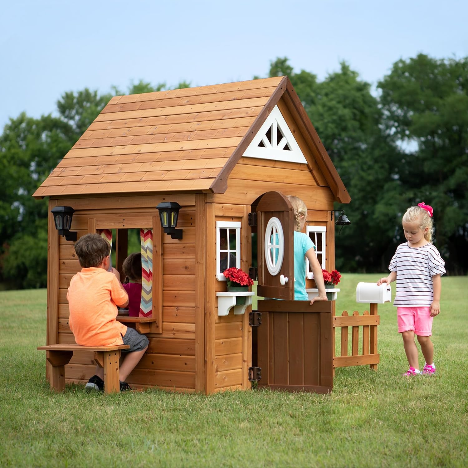 Backyard Discovery Aspen All Cedar Wooden Playhouse, Country Style, Dutch Front Door, Flower Pot Holders, Stove, Sink, Plastic Food, Doorbell, Mailbox, Outdoor Light Attached Picnic Bench