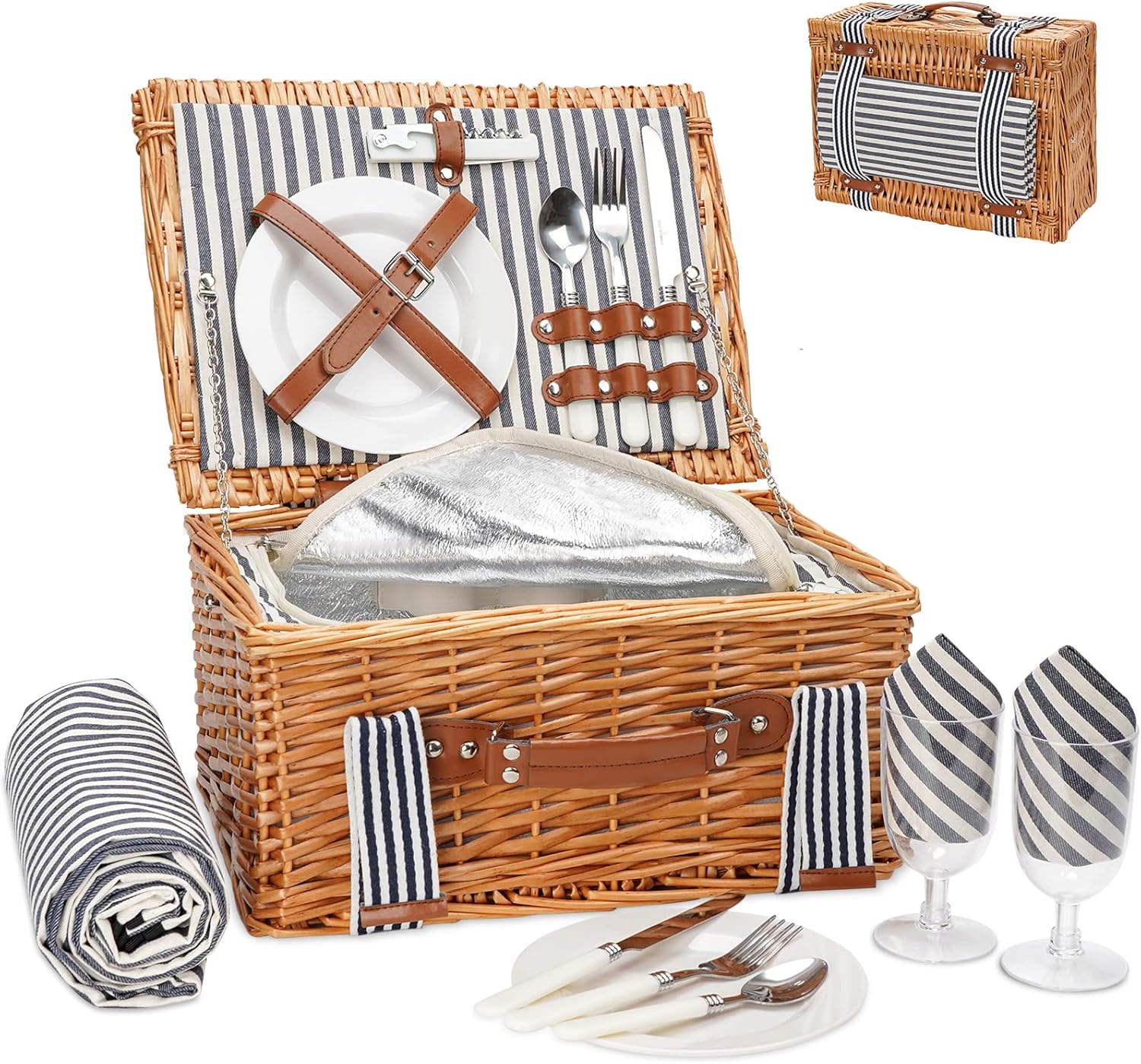 Wicker Picnic Basket for 2, Willow Hamper Basket with Large Insulated Cooler Compartment, Picnic Sets with Waterproof Picnic Blanket, Picnic Basket with 2 Person Kit for Camping, Hiking(Grey)