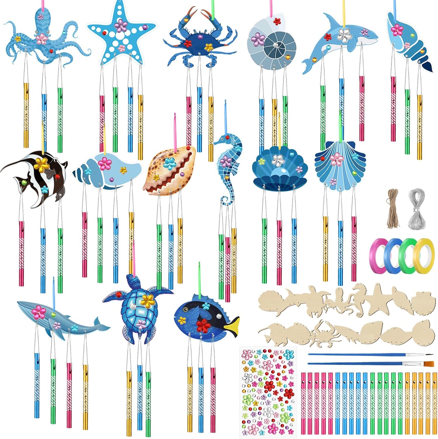 128 Pcs Wind Chime Making Kit for Kids Make Your Own Sea Animals Wind Chime Wooden Ocean Animals Arts Ornaments for Girls Boys DIY Crafts Activity Birthday Summer Party Decoration