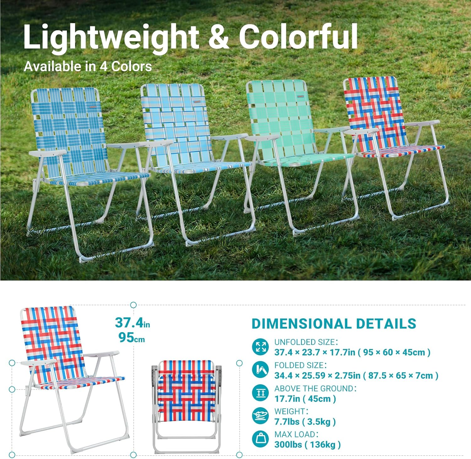 #WEJOY Folding Webbed Lawn Beach Chair - Oversized 17-in High Beach Chair for Adults Heavy Duty,Aluminum High Seat Camping Chair for Outdoor Garden Park Backyard