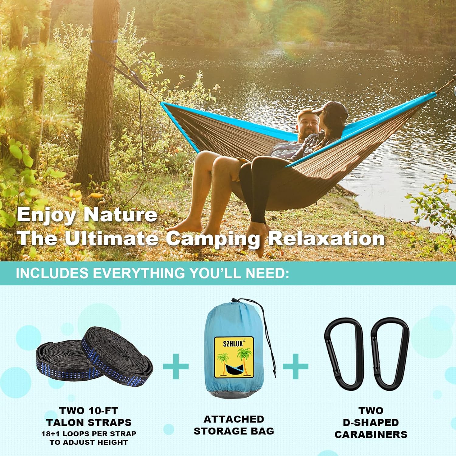 SZHLUX Camping Hammock Single or Double Portable Hammocks with 2 Tree Straps and Attached Carry Bag