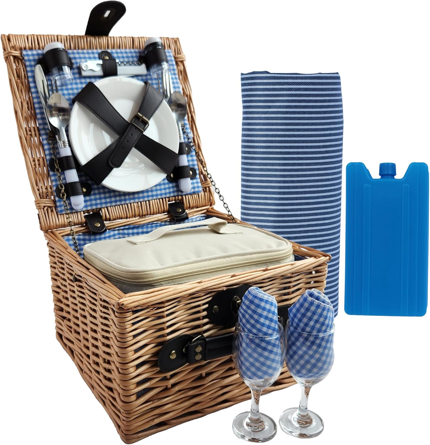 Picnic Basket Set for 2 with Insulated Liner, Waterproof Blanket, Wine Pouch, and Cutlery Service Kit - Ideal for Camping, Weddings, and Valentine's Day Gifts