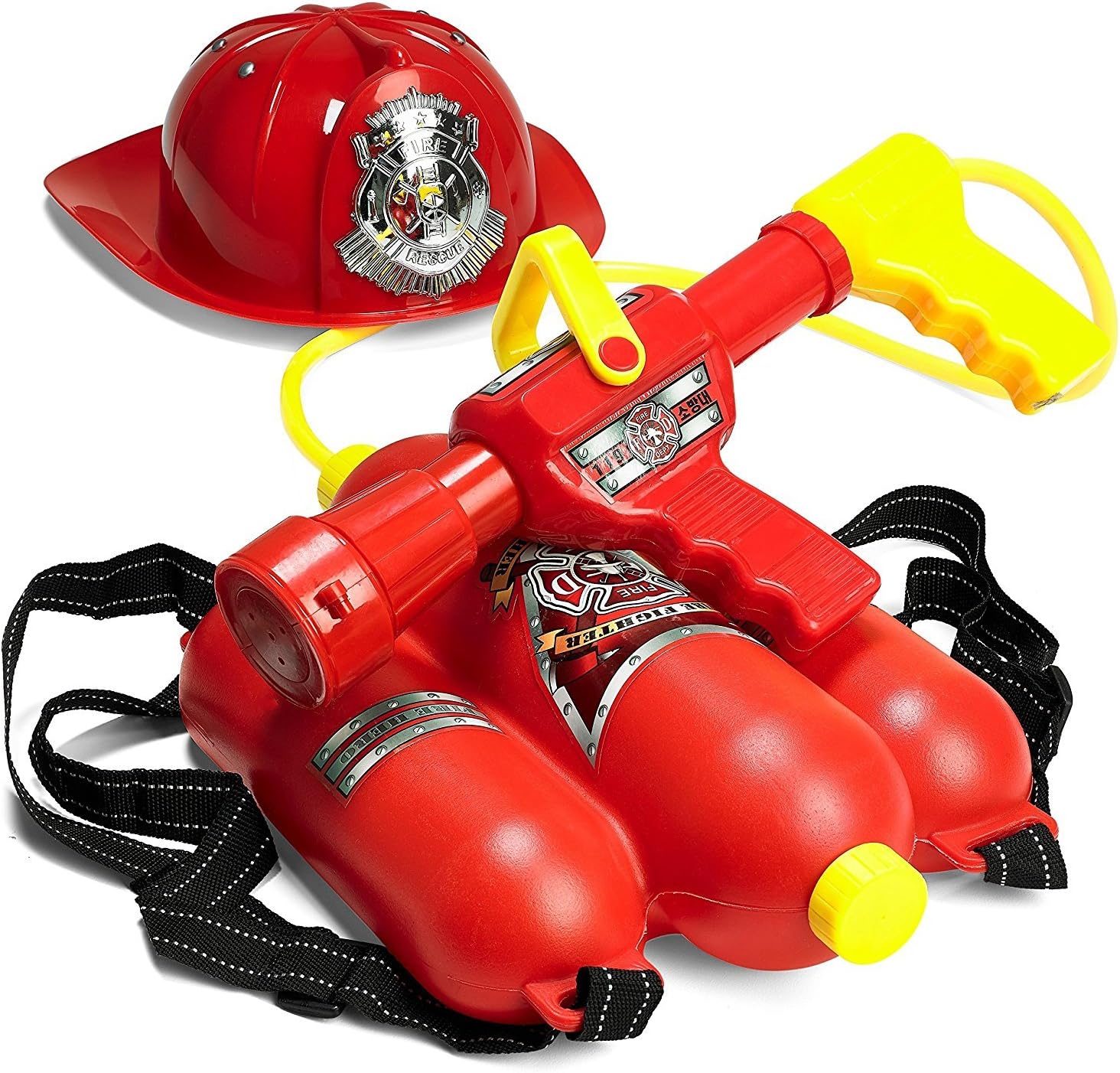 Prextex Fireman Backpack Water Guns for Kids w/Fire Hat | Water Toys Big Water Gun | Super Fast Squirt Water Blaster| All Ages Kids & Adults | Play Range Water gun for Pool Party Favors